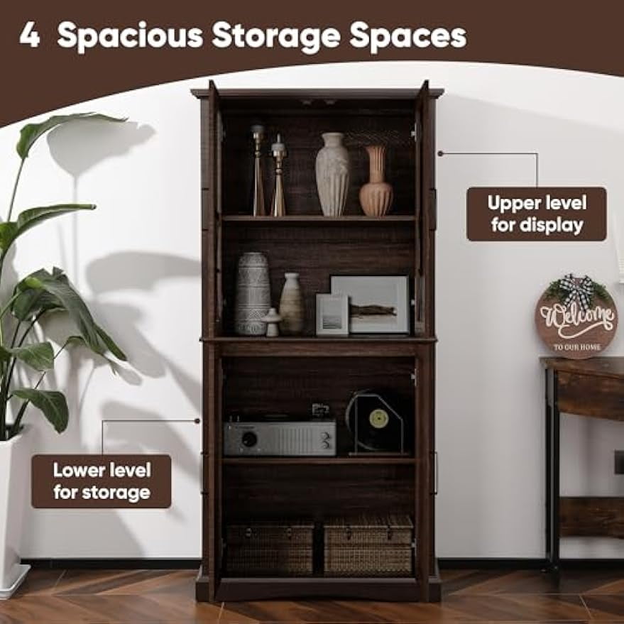 Superjoe 69'' Tall Farmhouse Storage Cabinet, Retro Display Cabinet with RGB Lights, Freestanding Kitchen Pantry Cabinet, Living Room, Home Office, Brown
