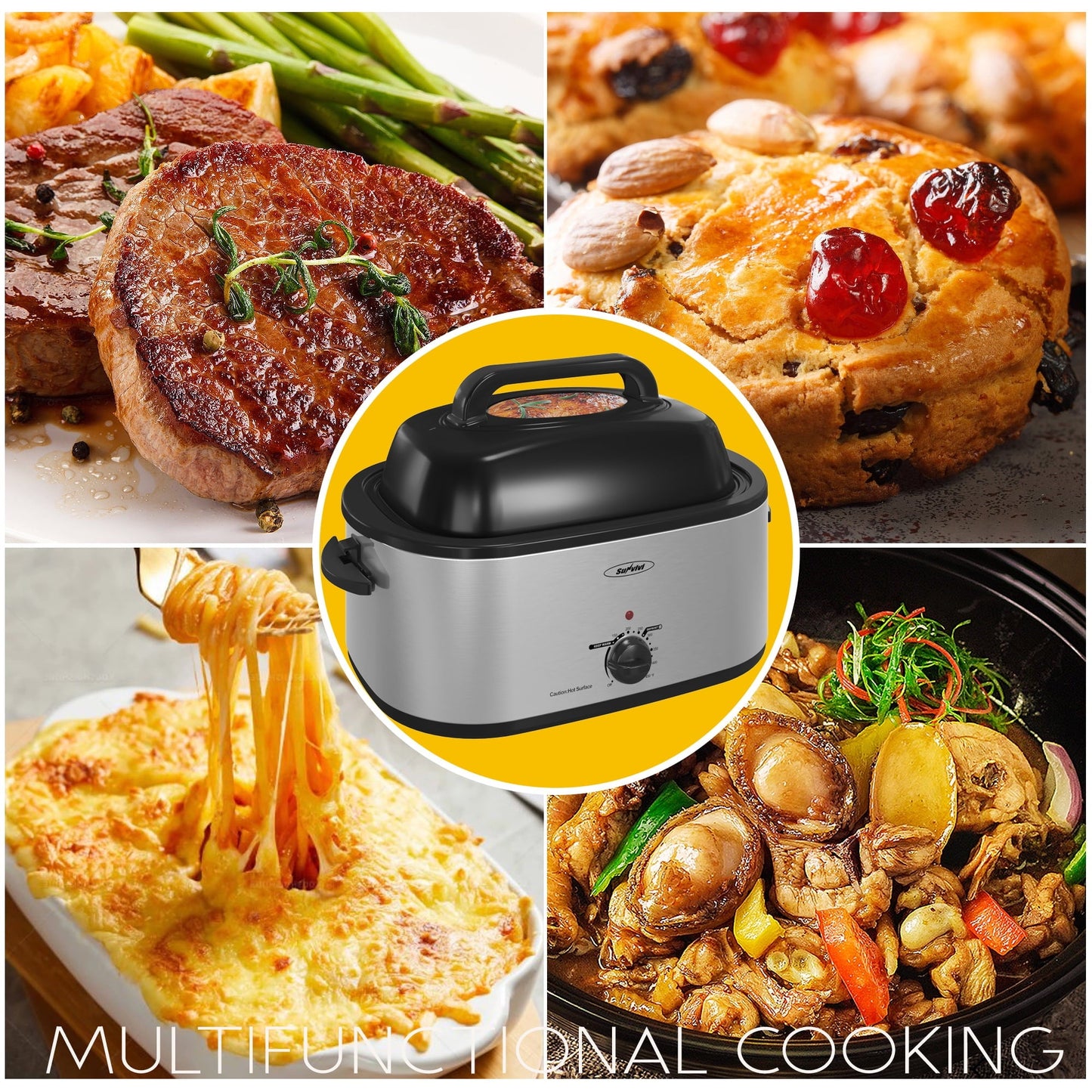 Sunvivi 22 Quart Electric Turkey Roaster Oven with Visible Glass Lid,Removable Pan & Rack, Stainless Steel,White