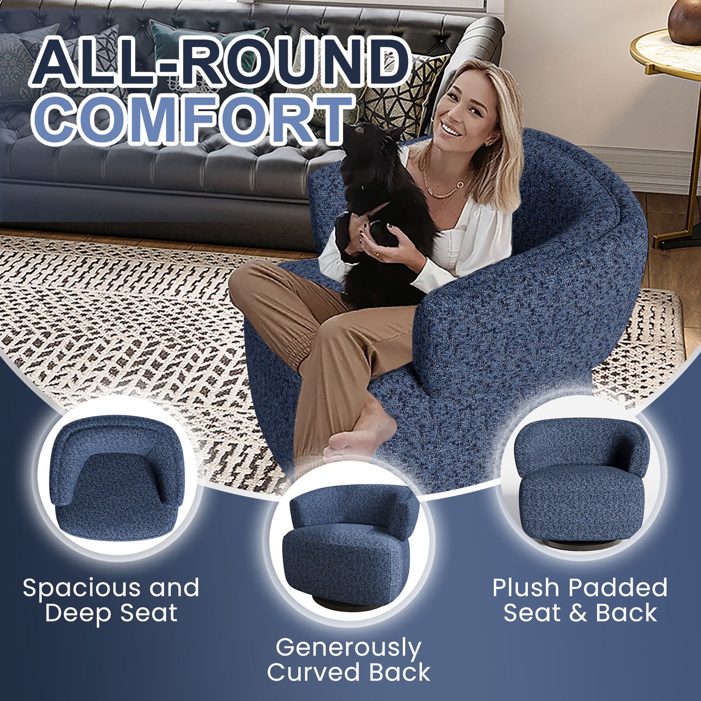 Swivel Accent Chair, Fully Assembled Round Barrel Chairs, Oversized Upholstered Armchair with 360-Degree Base, Modern Club Chair for Living Room, Bedroom, Office