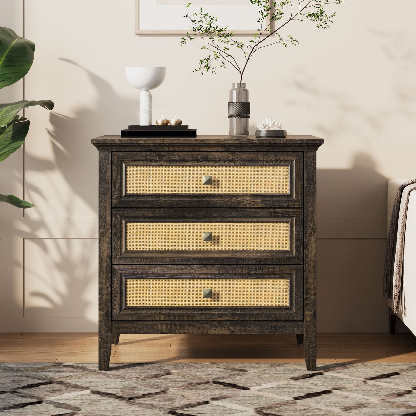 3 Drawer Dresser, Cane Nightstand with Rattan Decorated Drawers, Tall Bedside End Table for Bedroom, Living Room, Entryway