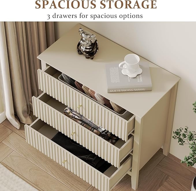 Cozy Home Beige 3 Drawer Dresser, Painted 30 Inch Tall Wood Nightstand with Storage, Wide Modern Chest of Drawers with Ball Bearing Slide for Bedroom Hallway Living Room Entryway Office