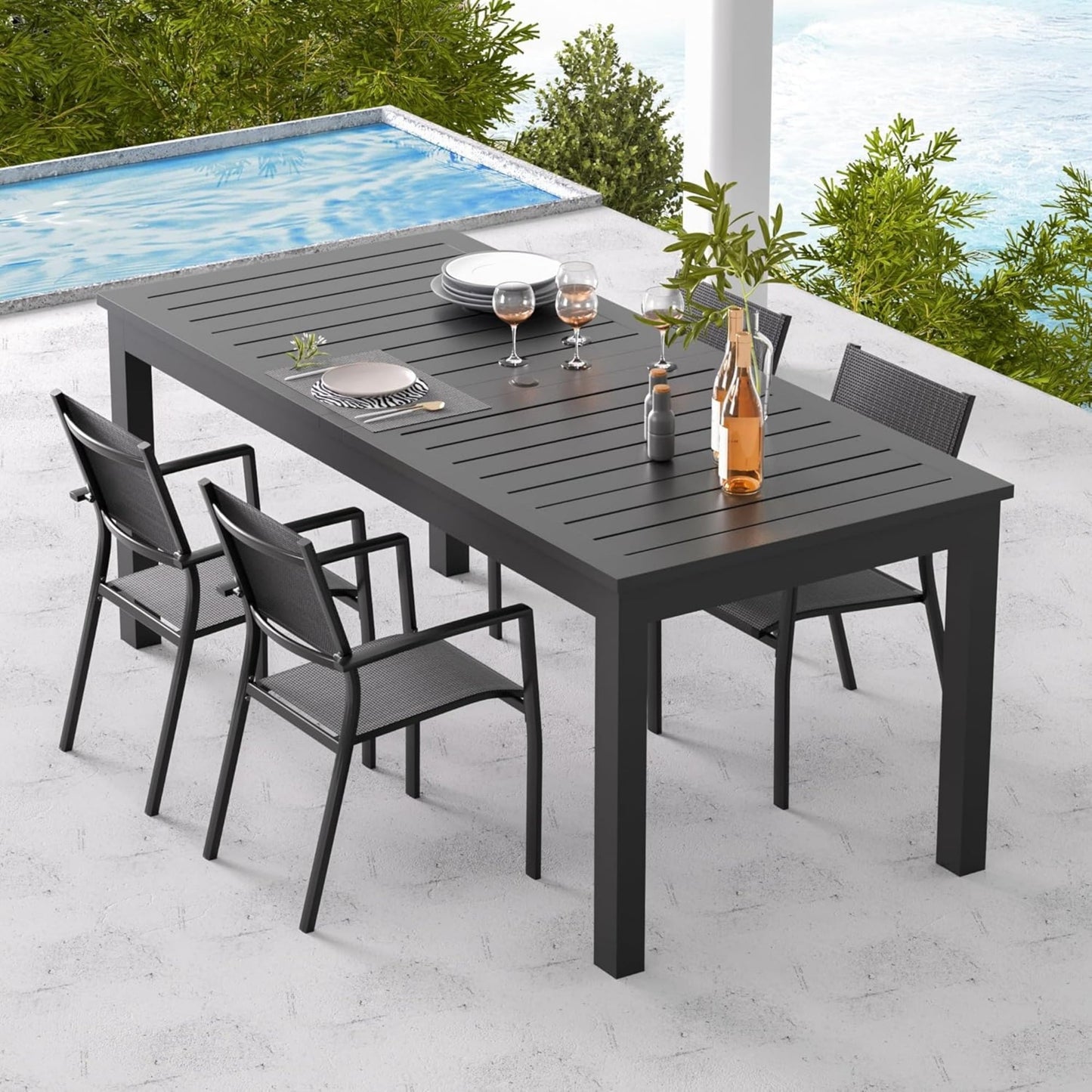 Superjoe Patio Expandable Table Dining Set for 4 to 10, Aluminum Outdoor Dining Table, Rectangular Patio Metal Table with Umbrella Hole for Backyard Porch, Deck £¦ Garden, Easy Assembly, Dark Grey