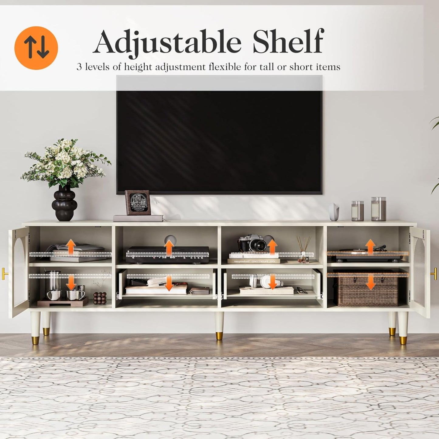 Superjoe Mid Century Modern TV Stand for 70 Inch TV, Entertainment Center with Acrylic Doors & Drawers, Wood TV Cabinet with Storage, TV Consoles for Living Room, Bedroom, White