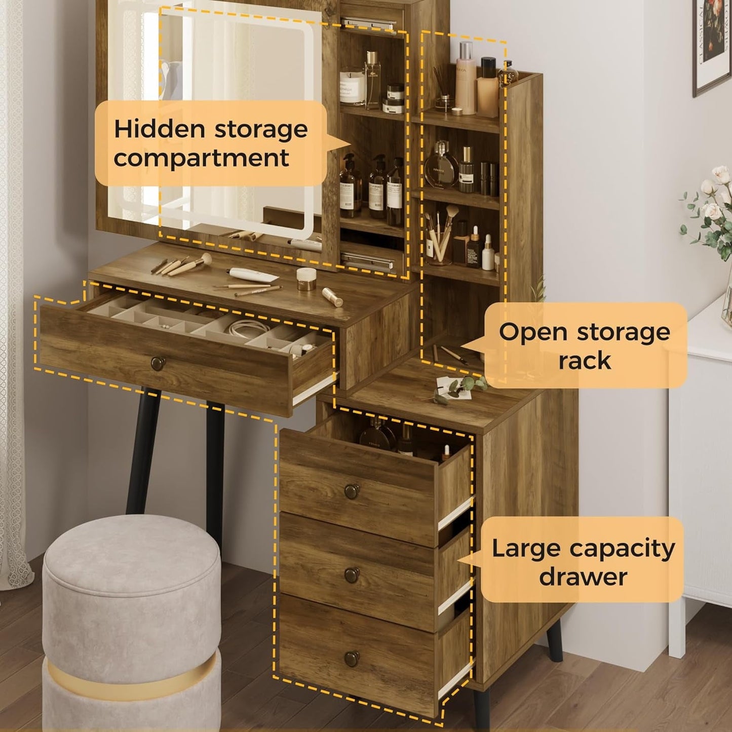 Royalcraft Makeup Vanity Table Set with Sliding Lighted Mirror