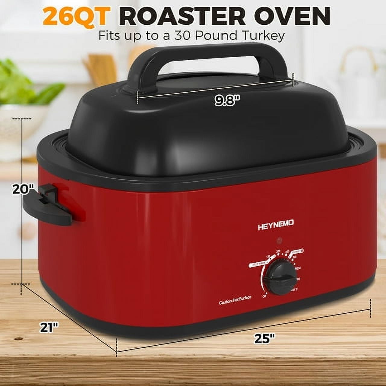 CozyHom 26 QT Electric Roaster Oven, Stainless Steel Turkey Roaster Pan, Self-Basting Lid Removable Insert Pot for Gathering and Dining, Red
