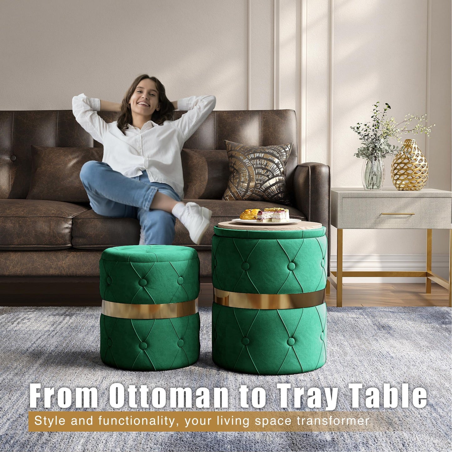 CozyHome Storage Ottoman Set of 2, Versatile Footrest Stool with Stainless Steel Base, Modern Round Vanity Stool Chair Foot Stools, Support 200lbs Padded Seat, for Living Room, Bedroom, Green