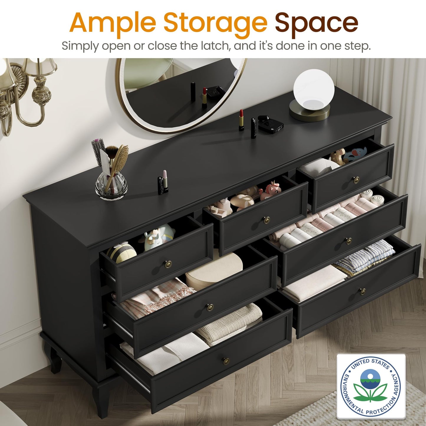 CozyHome Modern 7 Drawer Dresser with Solid Wood Legs and Painted Finish, Dresser for Bedroom, Black Chest of Drawers, Wooden Storage Closet Cabinet Organizer for Nursery, Living Room, Hallway