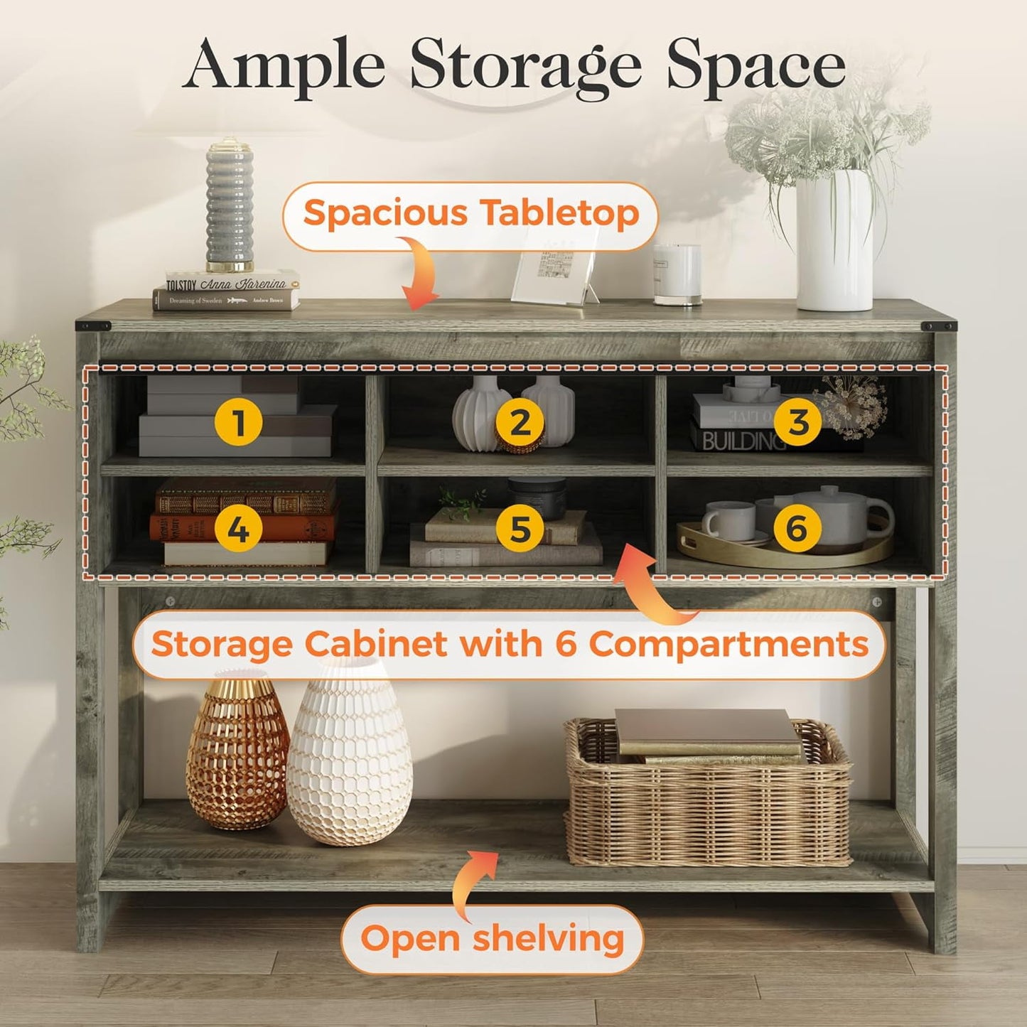 CozyHom Farmhouse Console Table with Storages&Shelves, Side Entryway Table With Sliding Barn Doors, Light Gray