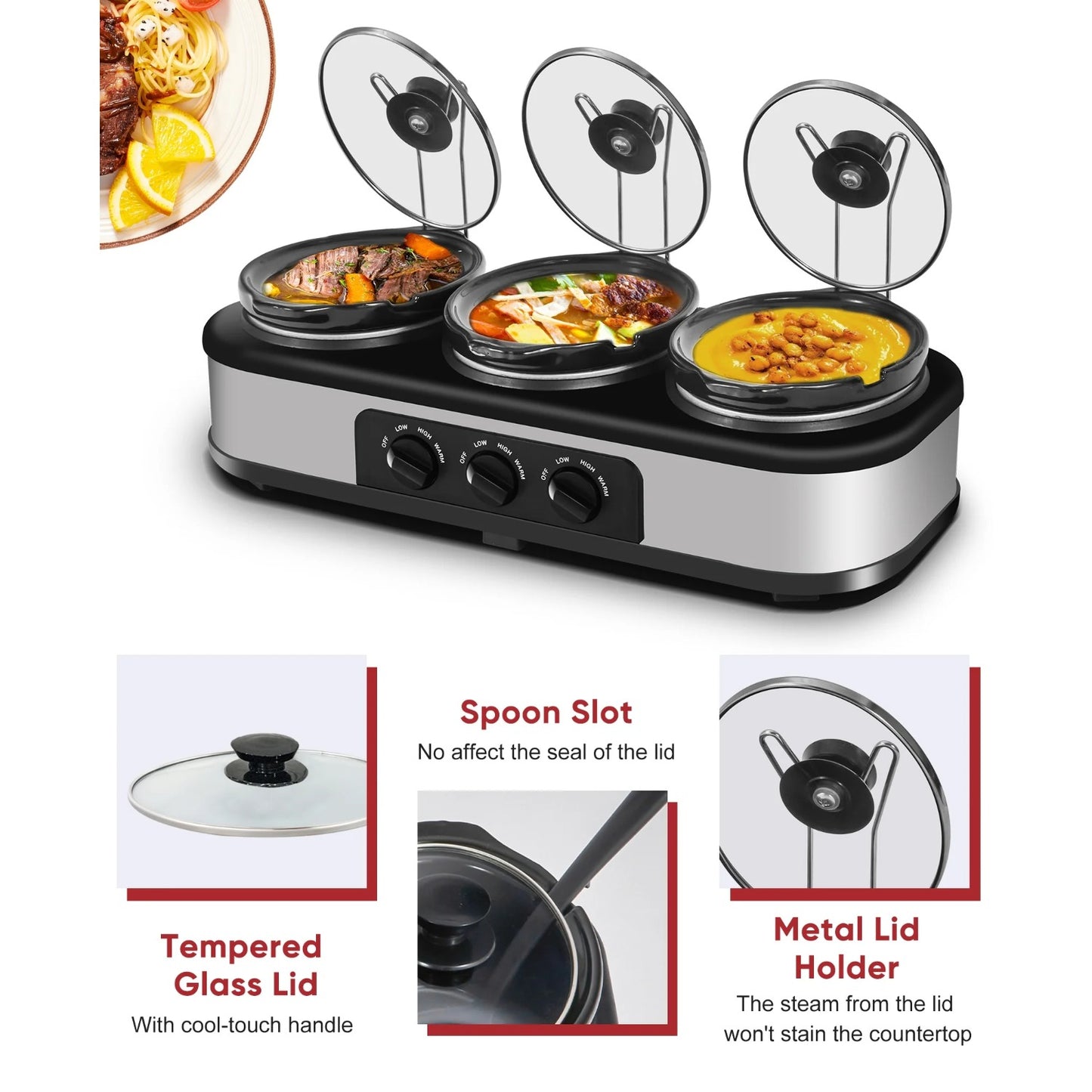 CozyHom 3-Pot Electric Slow Cooker, 4.5 Qt Food Warmer Pot with Adjustable Temp Removable Pots Lid Rests Pot, Black