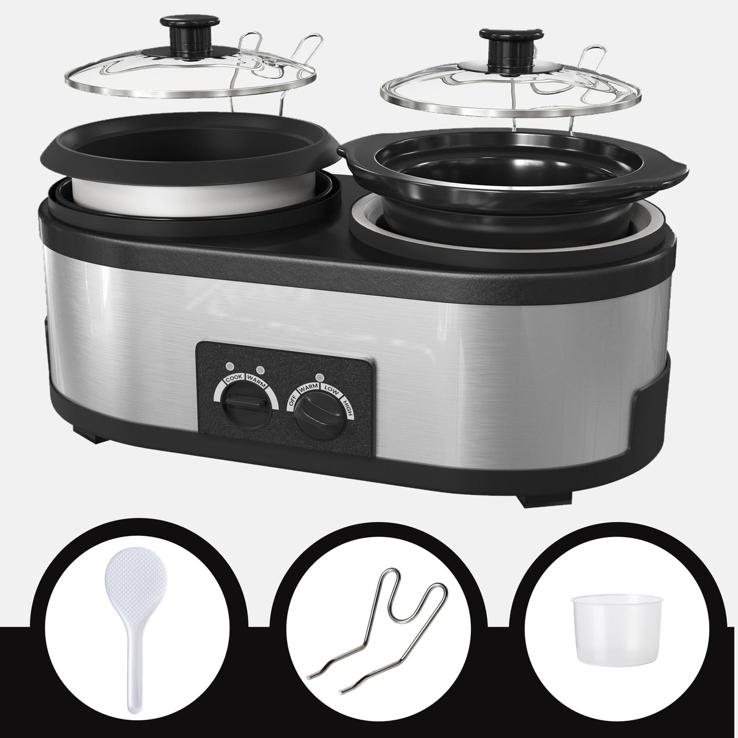 Superjoe 2 in 1 Double Slow Cooker, Combo Rice Cooker and 1.5 Quart Slow Cooker with 3 Cooking Settings, 3- Cup Non-Stick Aluminum Pot, Glass Lid, Stainless Steel