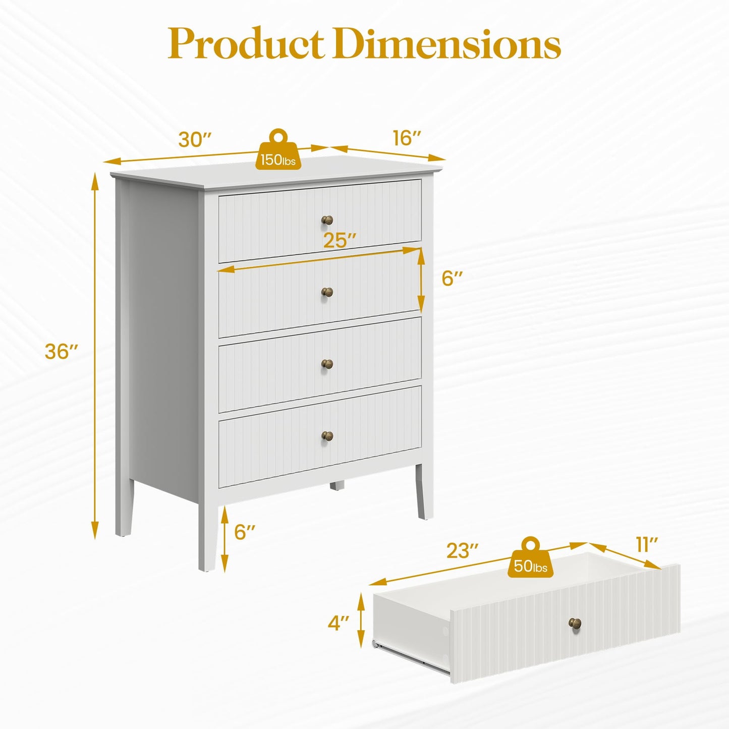 Superjoe White Fluted 4 Drawer Dresser for Bedroom, Modern Chest of Drawers, Wood Dresser for Storage Clothes, Wooden Storage Cabinet Nightstand for Bedroom, Hallway, Living Room, Entryway