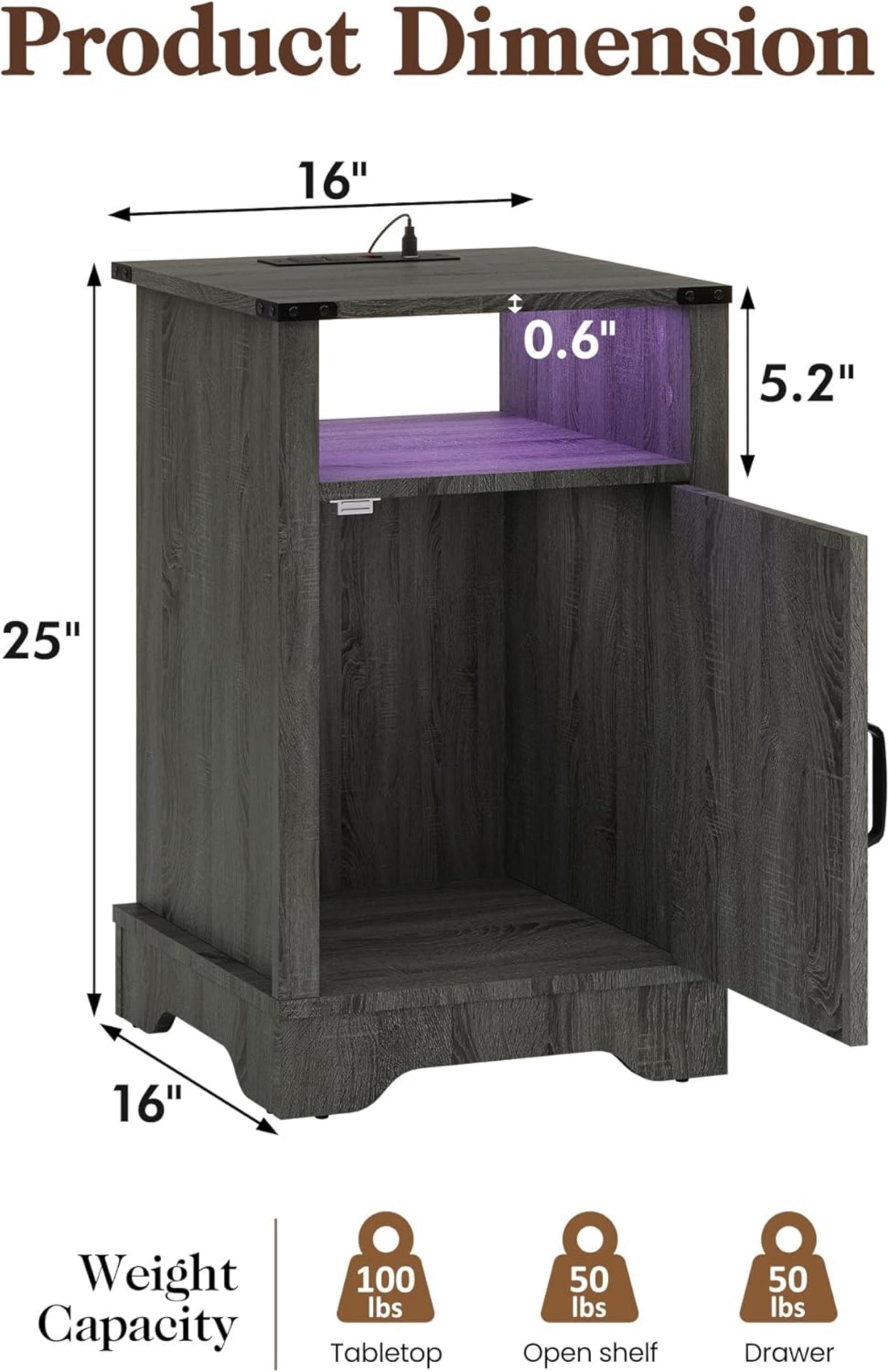 Superjoe LED Nightstand Set of 2 with Charging Station, Bedside Table with Storage Cabinet and Shelf, Rustic End Table, Farmhouse Wooden Side Table, for Bedroom, Living Room, Grey