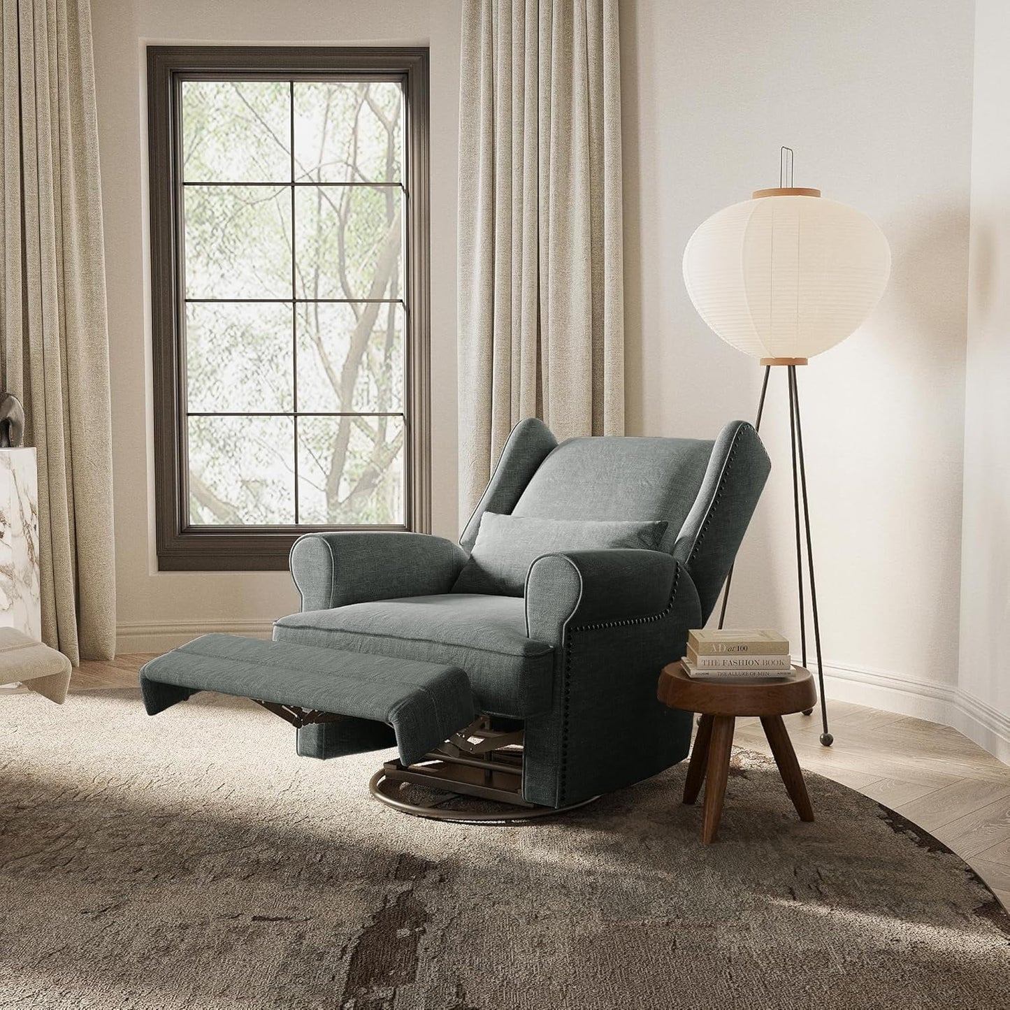 Superjoe Swivel Recliner Chair, Comfy Glider Rocking Chairs with Lumbar Pillow and Footrest, Upholstered Swivel Rocking Chair for Bedroom,Nursery, Dark Grey