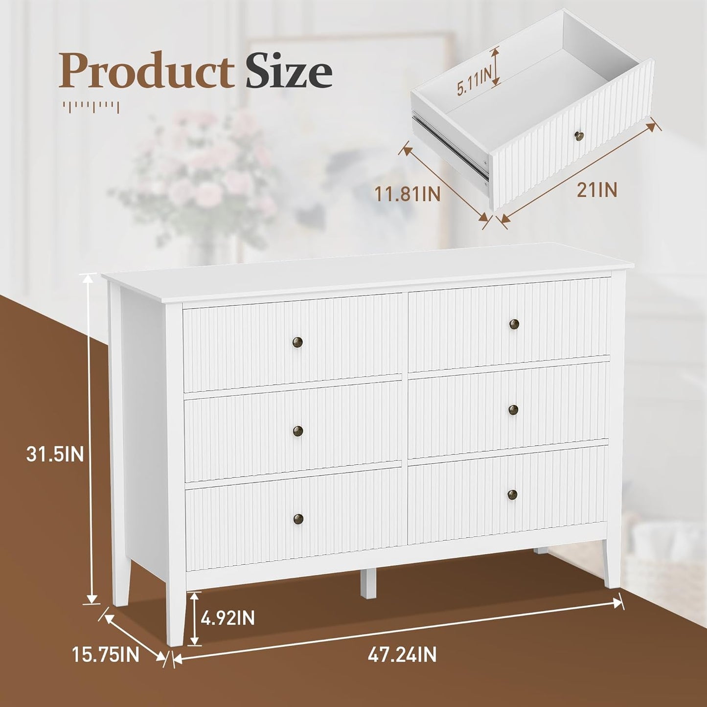 CozyHome 6 Drawers White Dresser Cabinet with Silent Slide Drawers, 47" Wide Chest of Drawers Wooden Storage Closet Organizer for Nursery, Living Room, Hallway, White