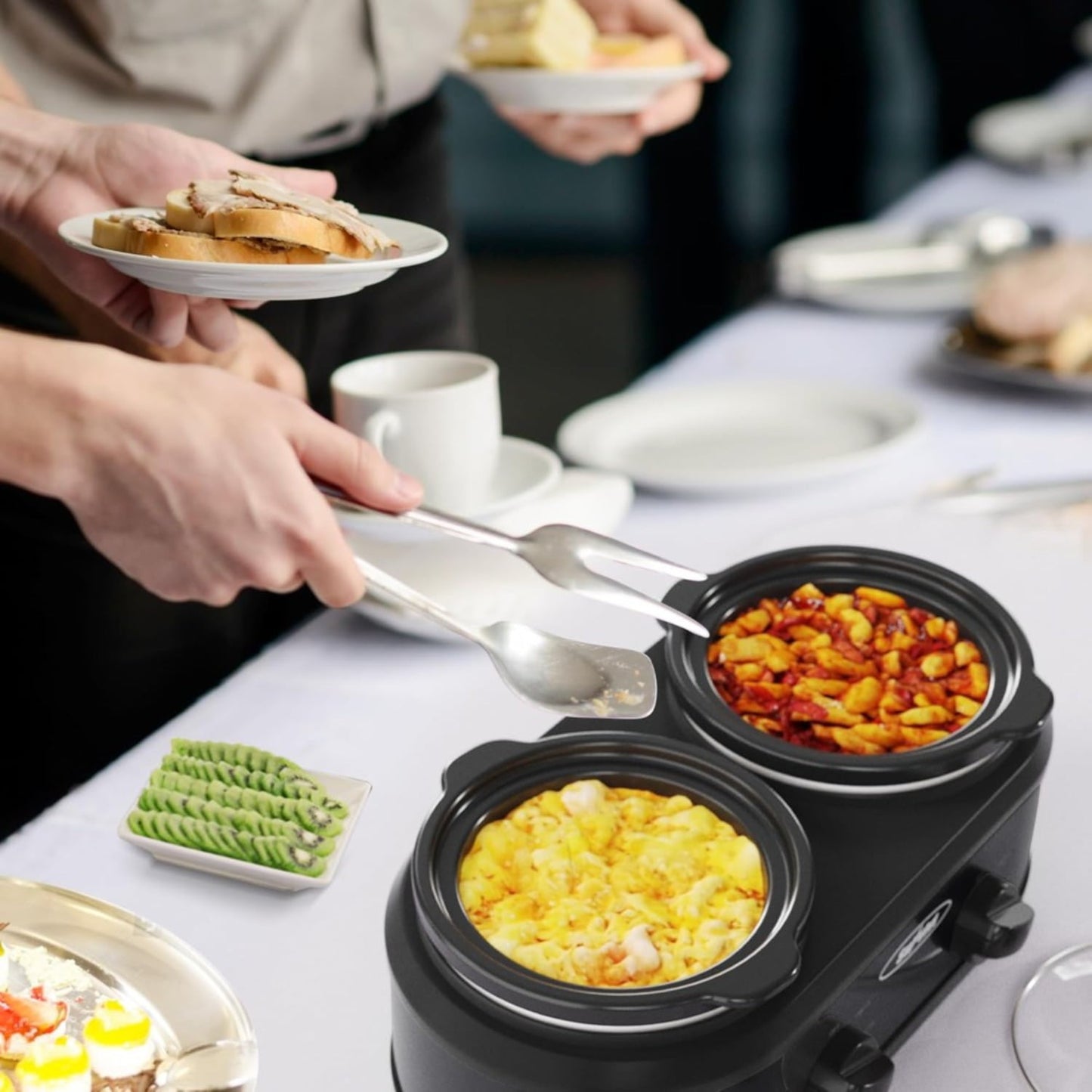 Superjoe Double Slow Cooker,2 Pot Small Mini Crock Buffet Servers and Warmer,Dual Pot Oval Manual Slow Cooker with Adjustable Temp Removable Ceramic Pot,Stainless Steel, Total 2.5 Quarts Black