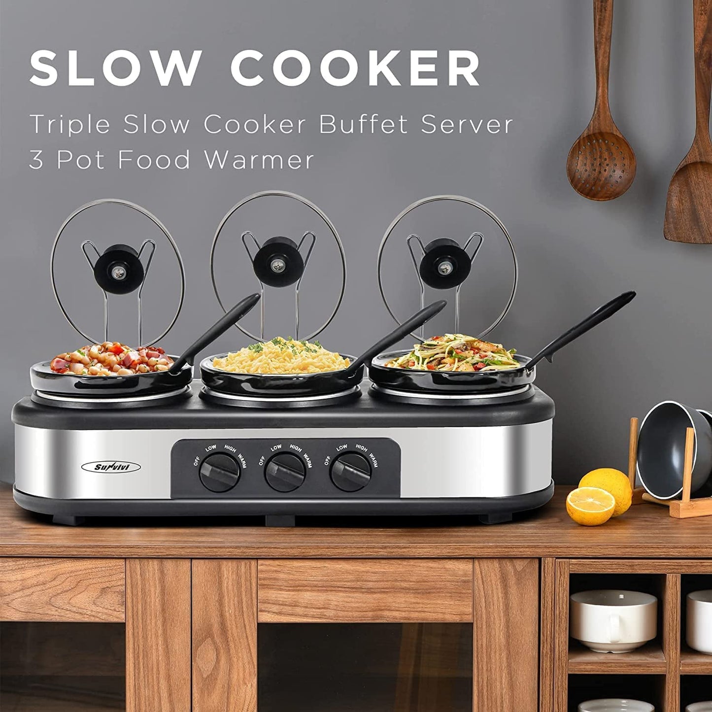 SUNVIVI Dual Pot Slow Cooker, 2 Pot Small Mini Crock Buffet Server and Warmer with Ceramic Pot, Adjustable Temp