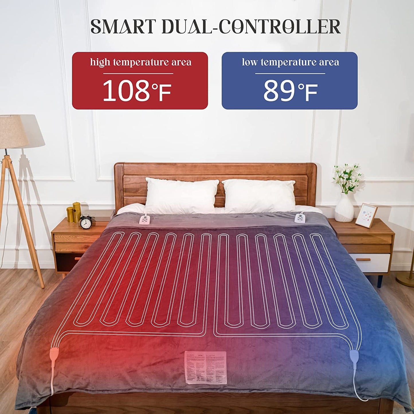 Superjoe Electric Blanket 90" x 84" Queen Size Heated Blanket, Dual Controllers 10 Heat Settings Auto-off Timer, Grey