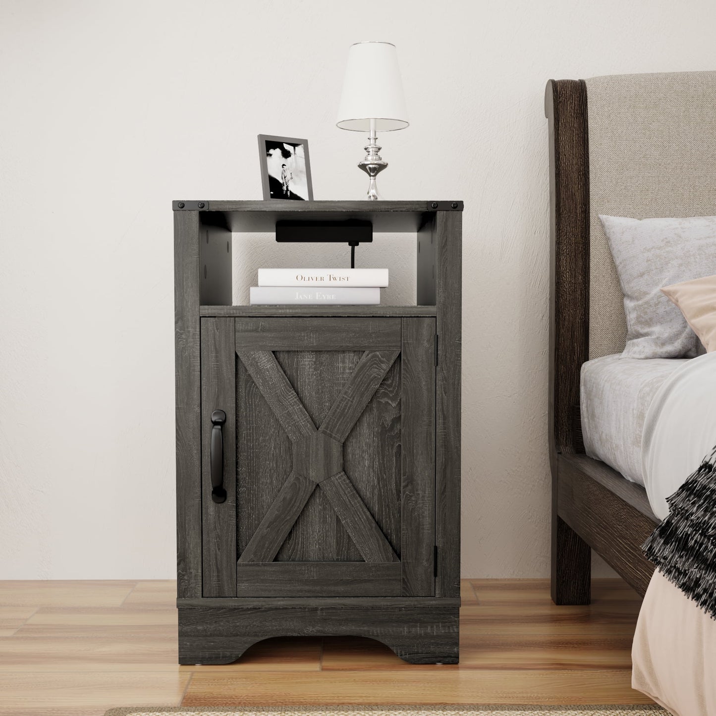 CozyHom Modern Farmhouse USB Nightstand With Charging Station, End Side Table With Charging Station&Storage Cabinet For Bedroom, Dark Grey