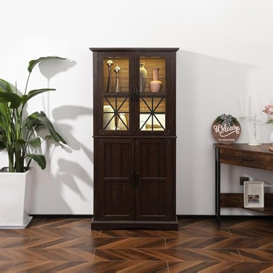 Superjoe 69'' Tall Farmhouse Storage Cabinet, Retro Display Cabinet with RGB Lights, Freestanding Kitchen Pantry Cabinet, Living Room, Home Office, Brown