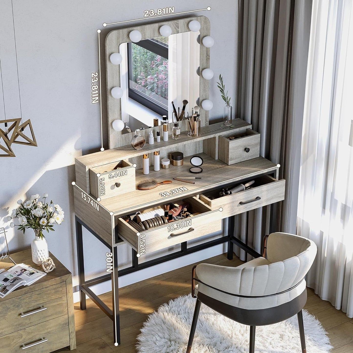 Royalcraft Makeup Vanity Table Set with Sliding Lighted Mirror