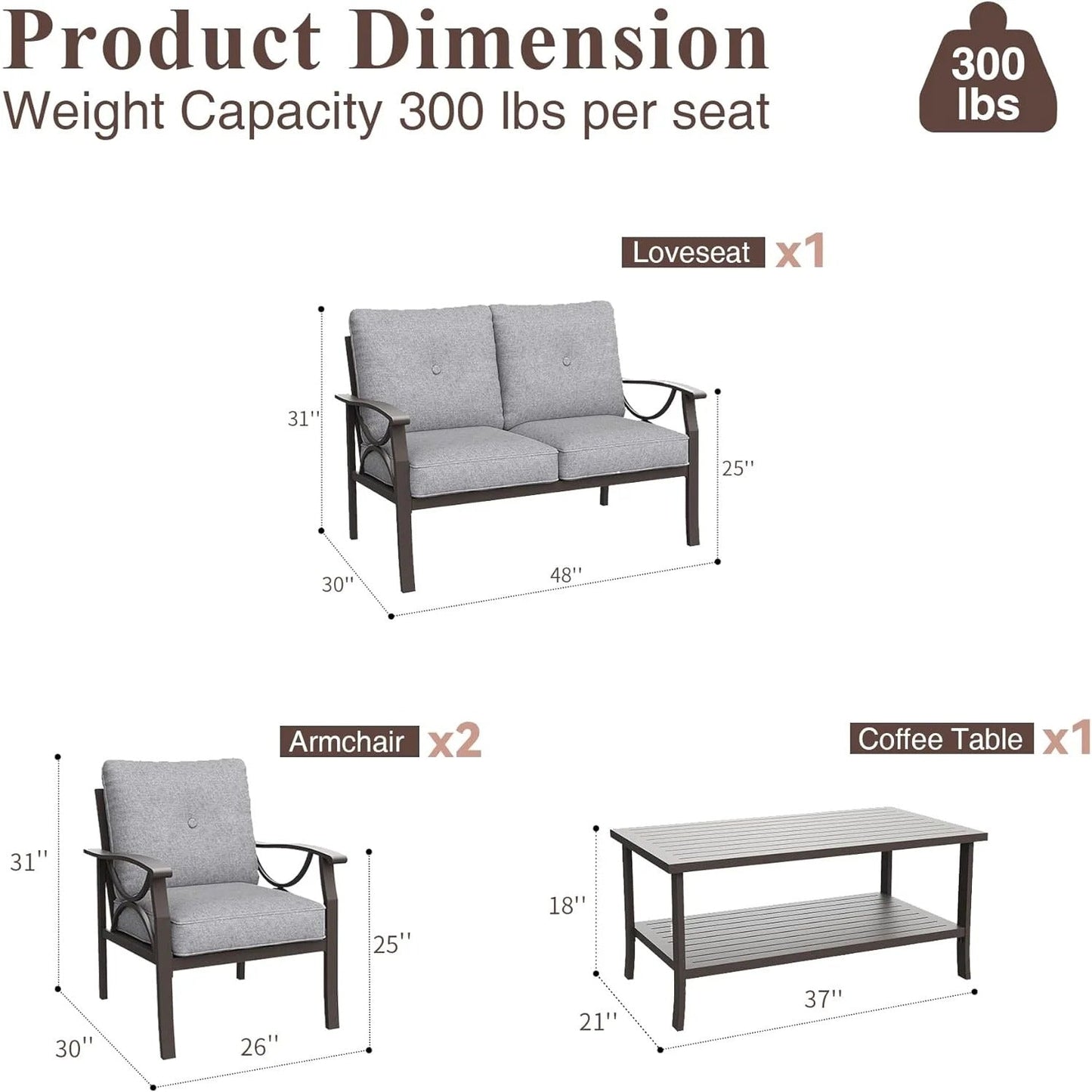 Outdoor Patio Furniture Set, 4 Piece Patio Conversation Set with Coffee Table, Metal Furniture Set for Porch Backyard Garden, Grey