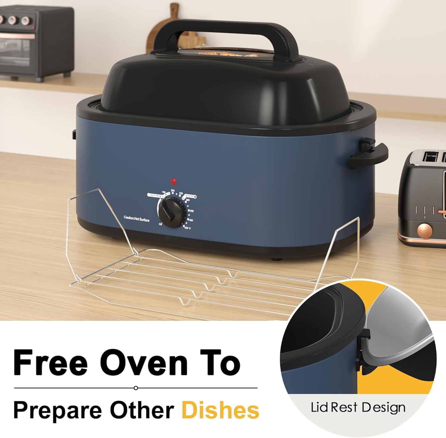 CozyHom 26-Quart Electric Roaster Oven with Visible Self-Basting Lid, Turkey Roaster Oven with Removable Pan and Rack, Perfect for Large Meals and Holiday Feasts, Blue