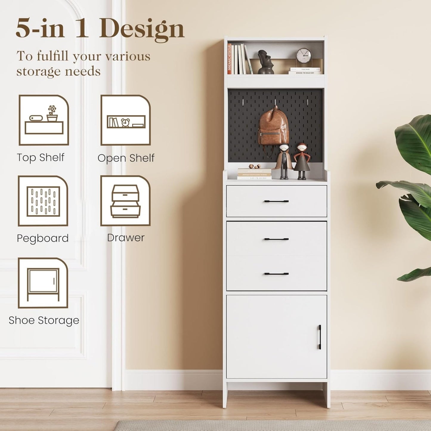 Superjoe 5-in-1 Shoe Cabinet with Flip Drawer, Entryway Shoe Storage with Pegboard, Adjustable Shelf, Wood Entryway Cabinet, White