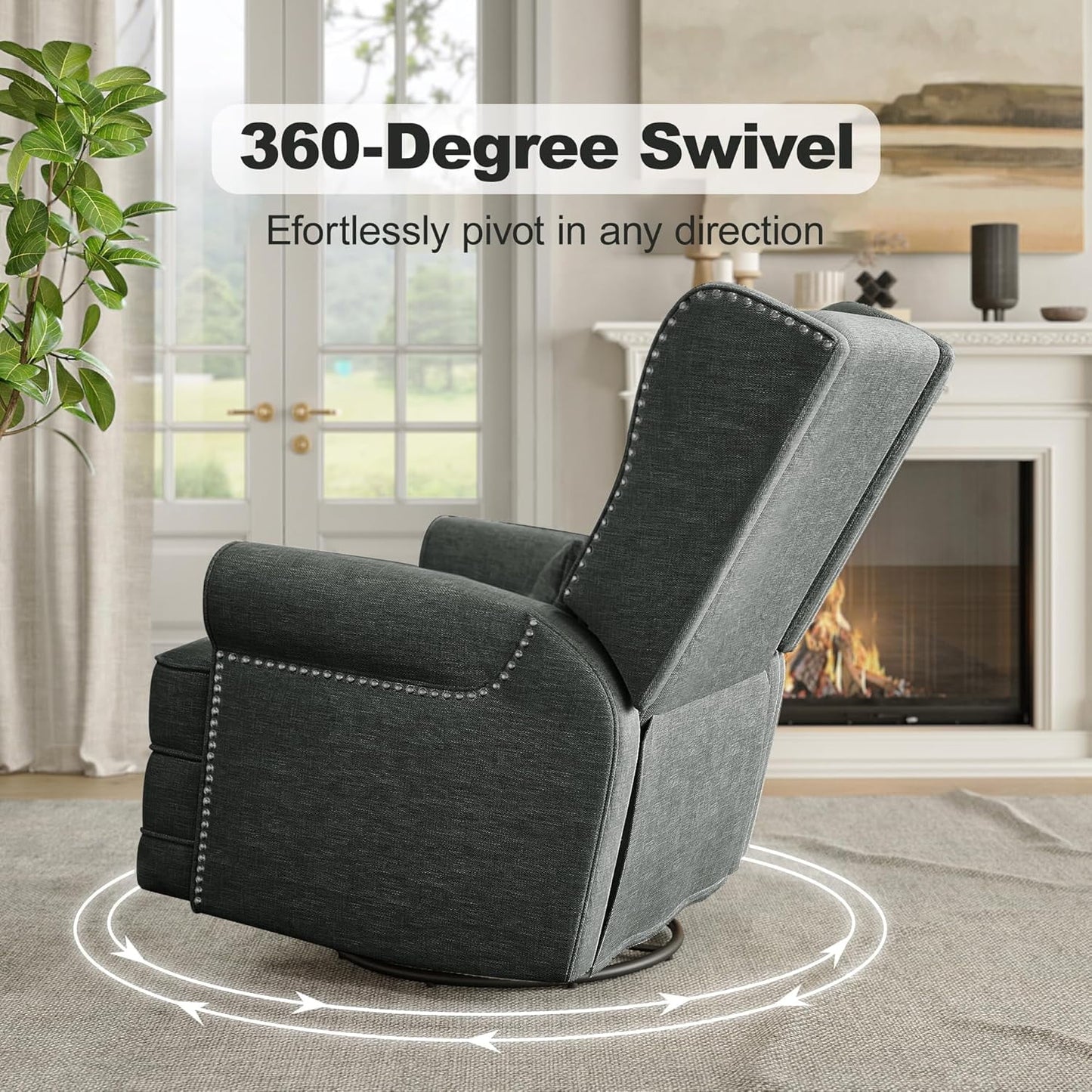 Superjoe Swivel Recliner Chair, Comfy Glider Rocking Chairs with Lumbar Pillow and Footrest, Upholstered Swivel Rocking Chair for Bedroom,Nursery, Dark Grey