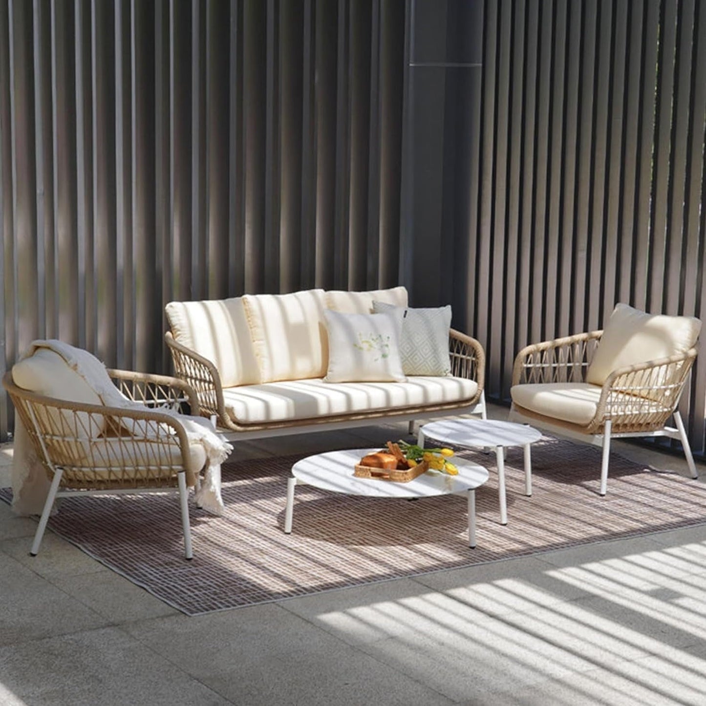 Superjoe 5 Piece Outdoor Patio Furniture Sets, All-Weather Outdoor Conversation Set with Aluminum Frame, Patio Couch Sofa with Nesting Coffee Table and Cushions for Backyard, Balcony, Beige