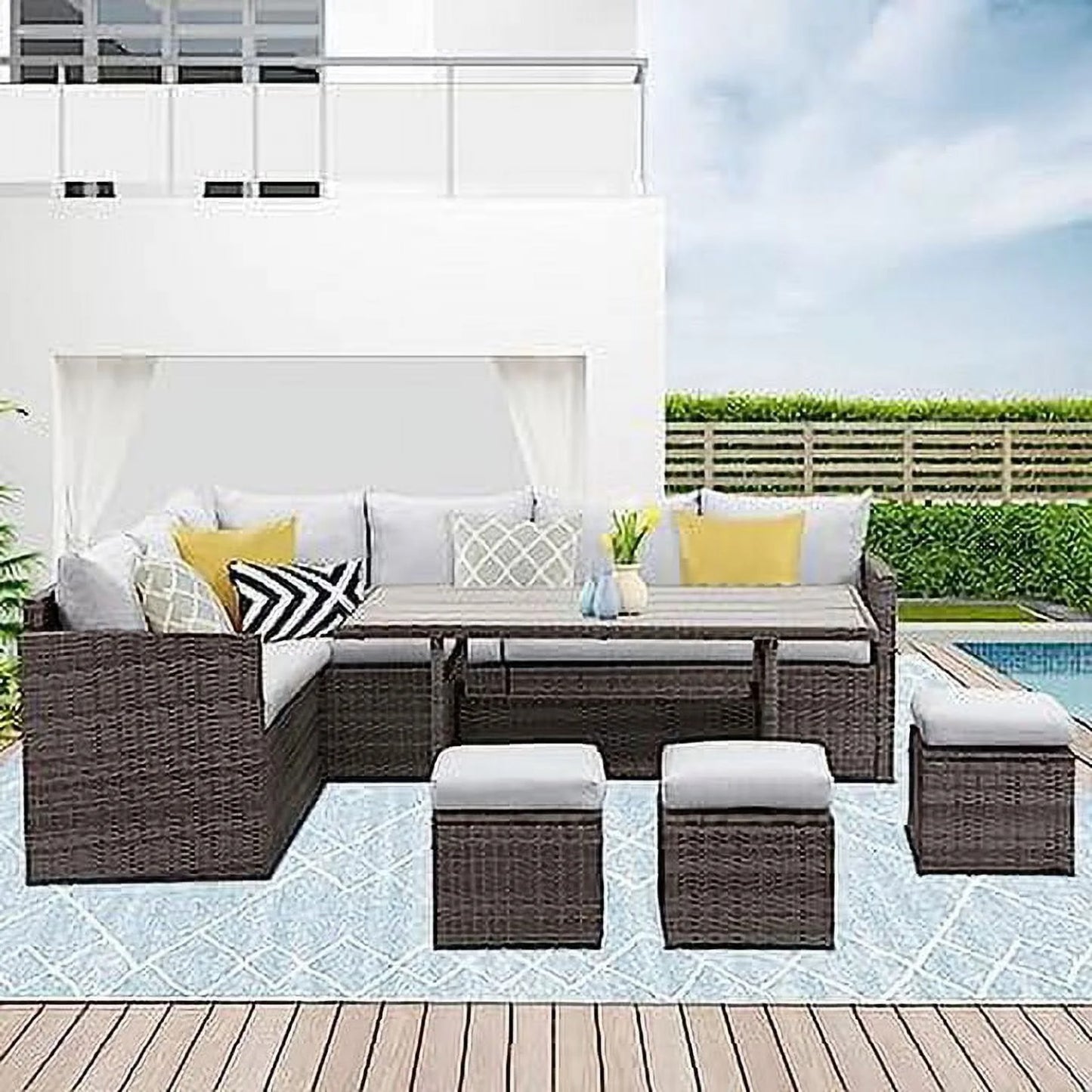 CozyHom 7 Pcs Outdoor Sectional Dining Sectional Sofa Furniture Set, Outdoor Patio Rattan Wicker Sectional Conversation Couch With Dining Table, Gray
