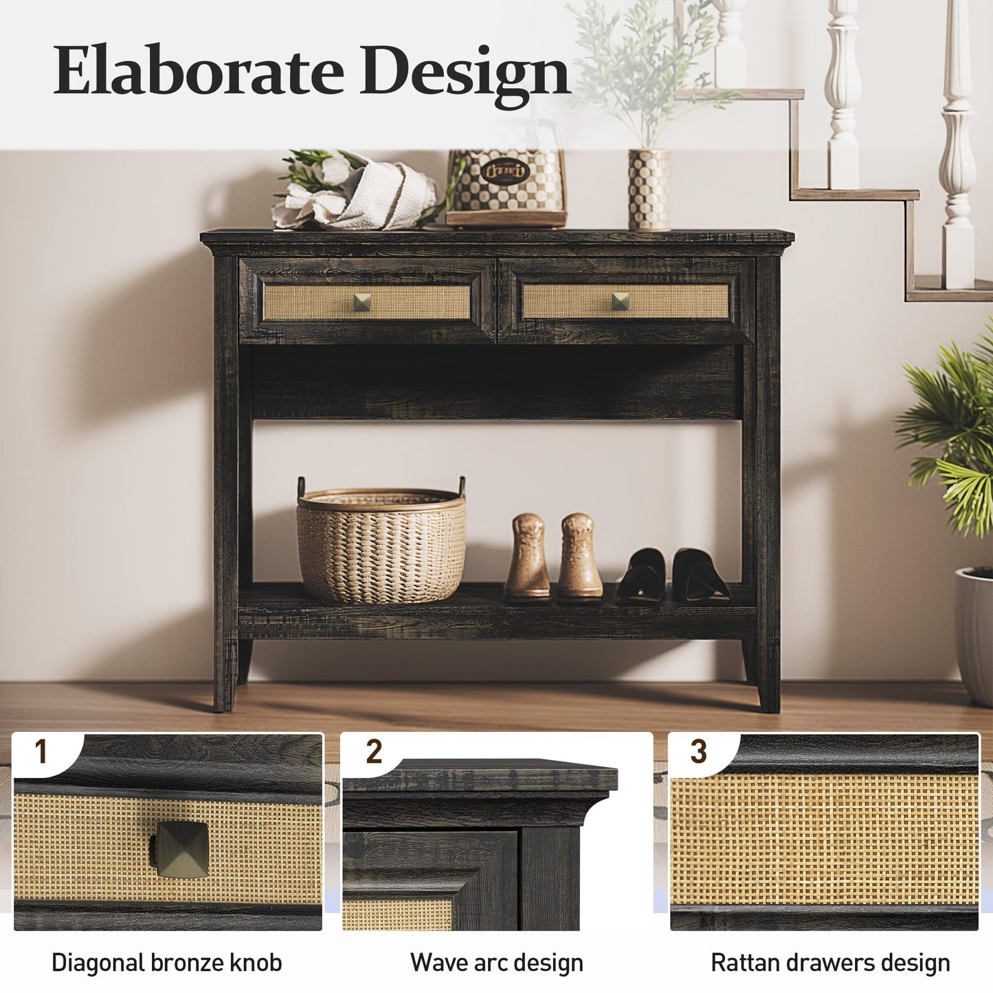 CozyHome Rattan Console Table, Boho Entryway Table with 2 Drawers and Storage Shelf, Long Wood Sofa Table for Living Room, Entryway, Front Hall, Hallway, Coffee