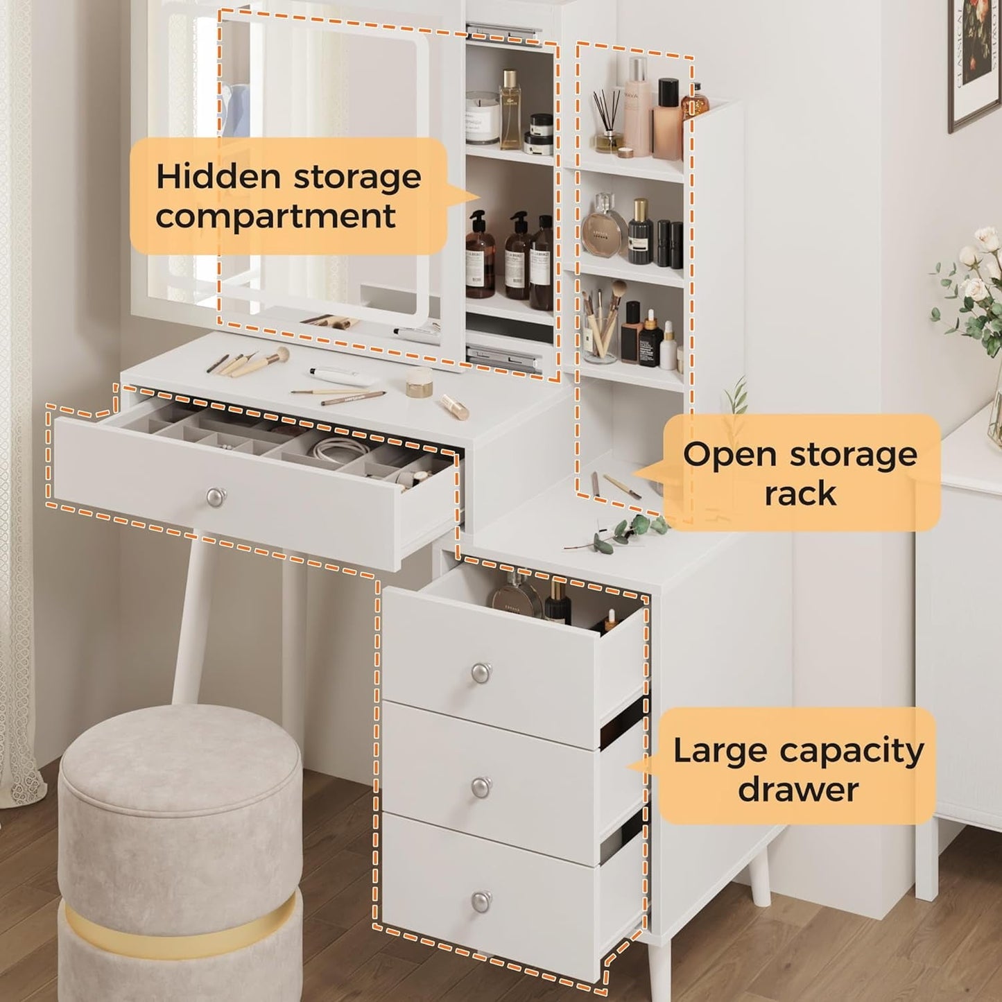 Royalcraft Makeup Vanity Table Set with Sliding Lighted Mirror