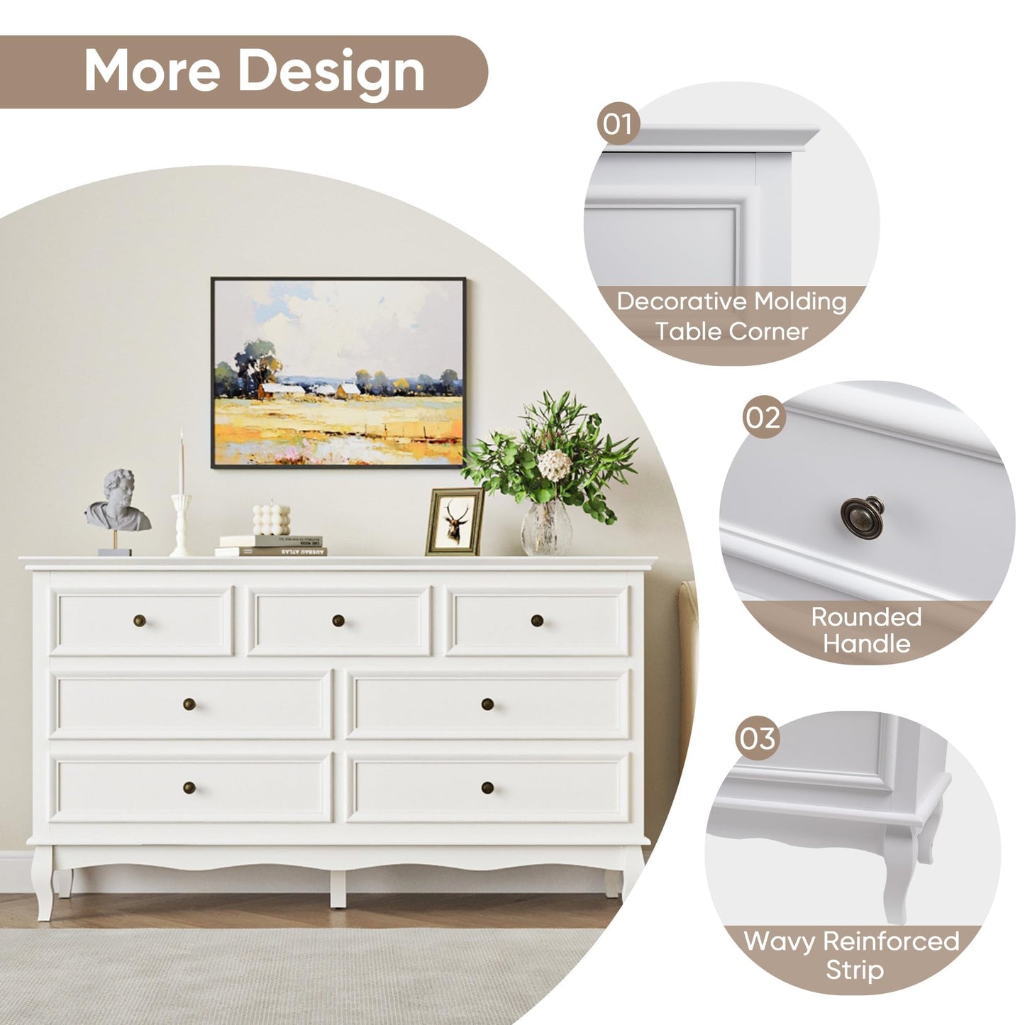 White 7 Drawer Dresser with Ball Bearing Slide, Sturdy Frame Modern Wood Dresser Wide Nightstand Cabinet for Bedroom, Living Room, Hallway, Entryway