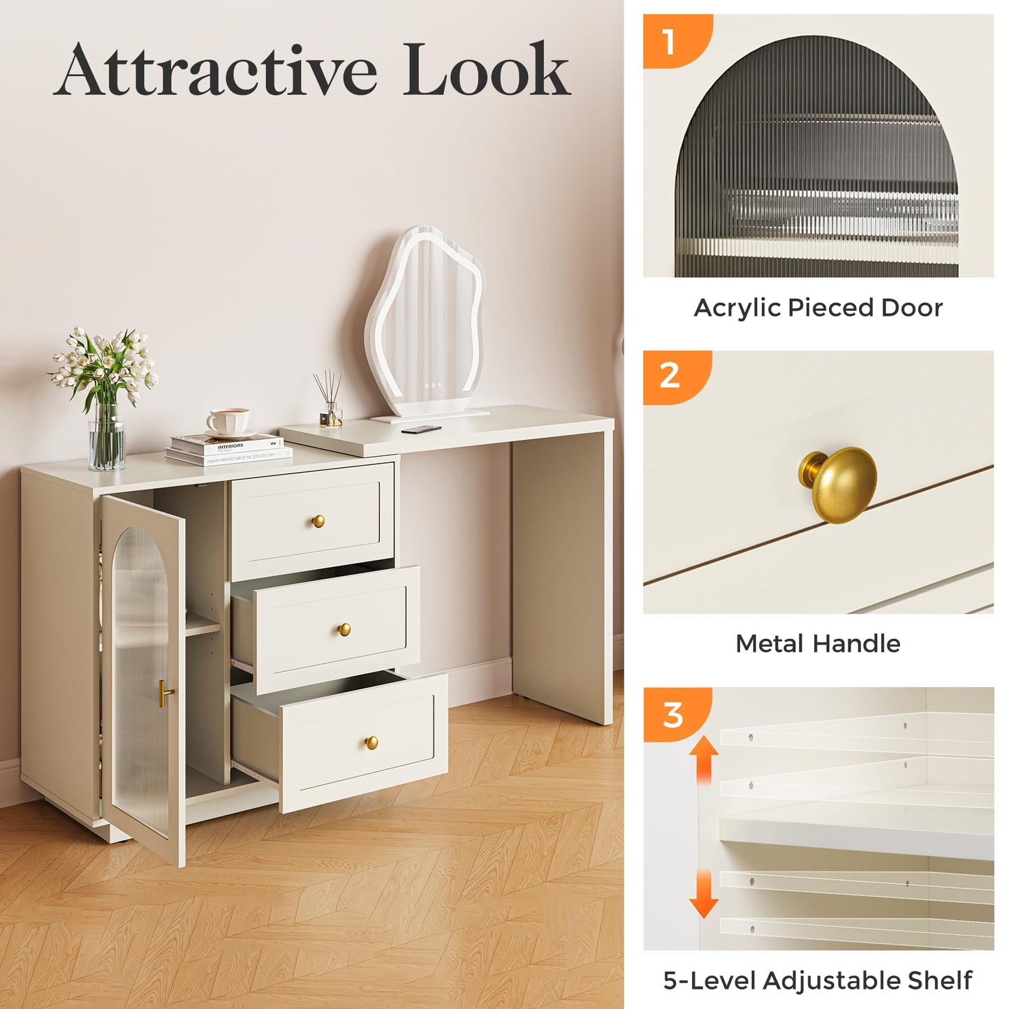 CozyHome Makeup Vanity Desk, Extendable Corner Vanity Makeup Table with 3 Drawers & 1 Door, Modern Dressing Table for Bedroom, Vanities for Women/Girls Bedroom (without Mirror)