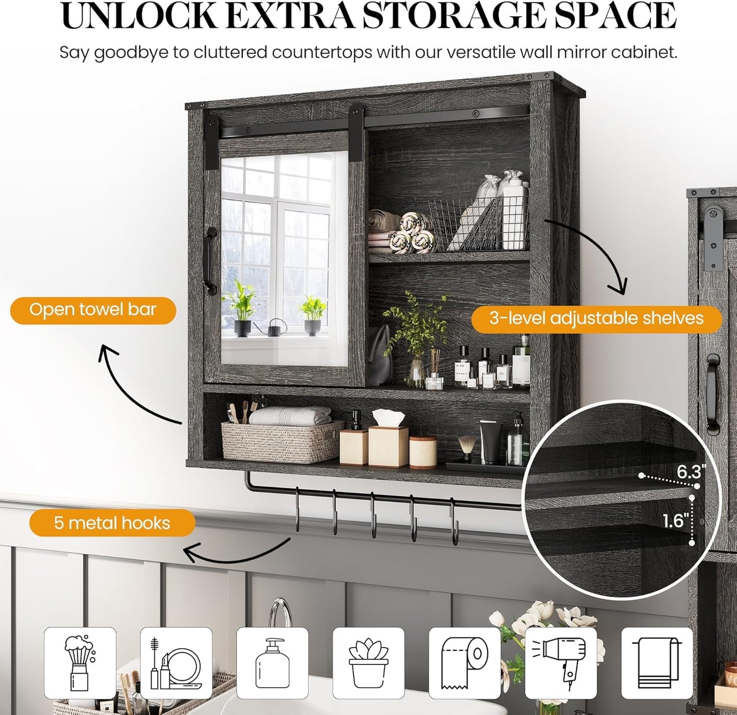 Superjoe 28in Bathroom Cabinet Wall Mount with Sliding Mirror Door, Over The Toilet Storage Cabinet, Farmhouse Medicine Cabinet with Shelves and Towel Bar for Living Room, 28" W x 29" H, Grey