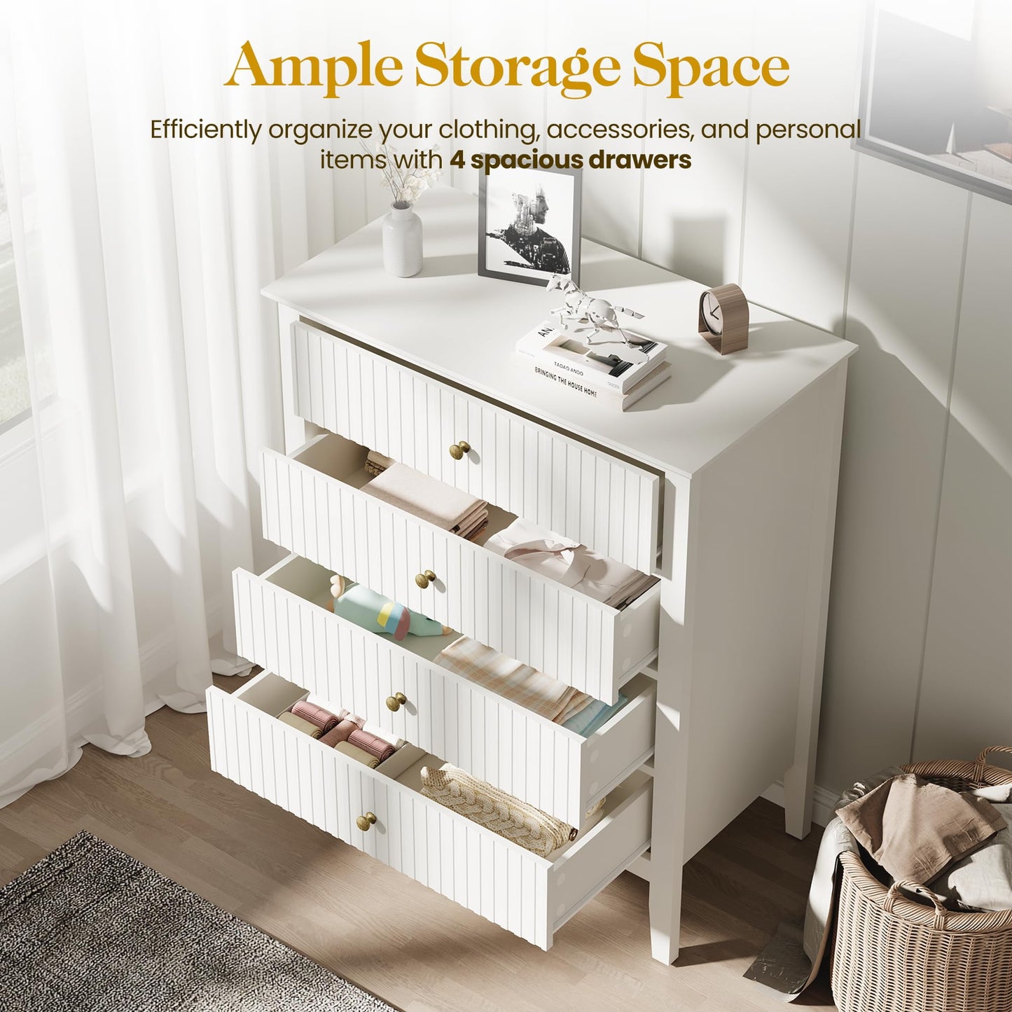 CozyHome White Fluted 4 Drawer Dresser for Bedroom, Modern Chest of Drawers, Wood Dresser for Storage Clothes, Wooden Storage Cabinet Nightstand for Bedroom, Hallway, Living Room, Entryway