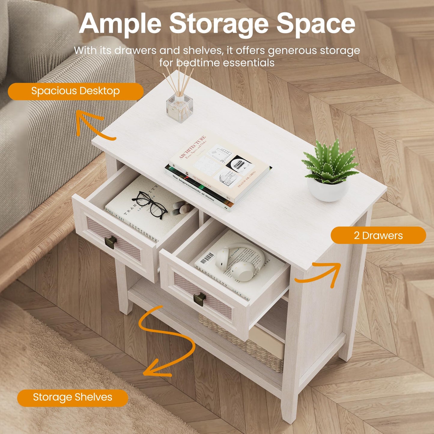 CozyHome Rattan Storage Cabinets, Accent Boho Storage Cabinet with 2 Drawers and 2 Shelves, Multipurpose Modern Storage Cabinet for Living Room, Entryway, Front Hall, Hallway, White
