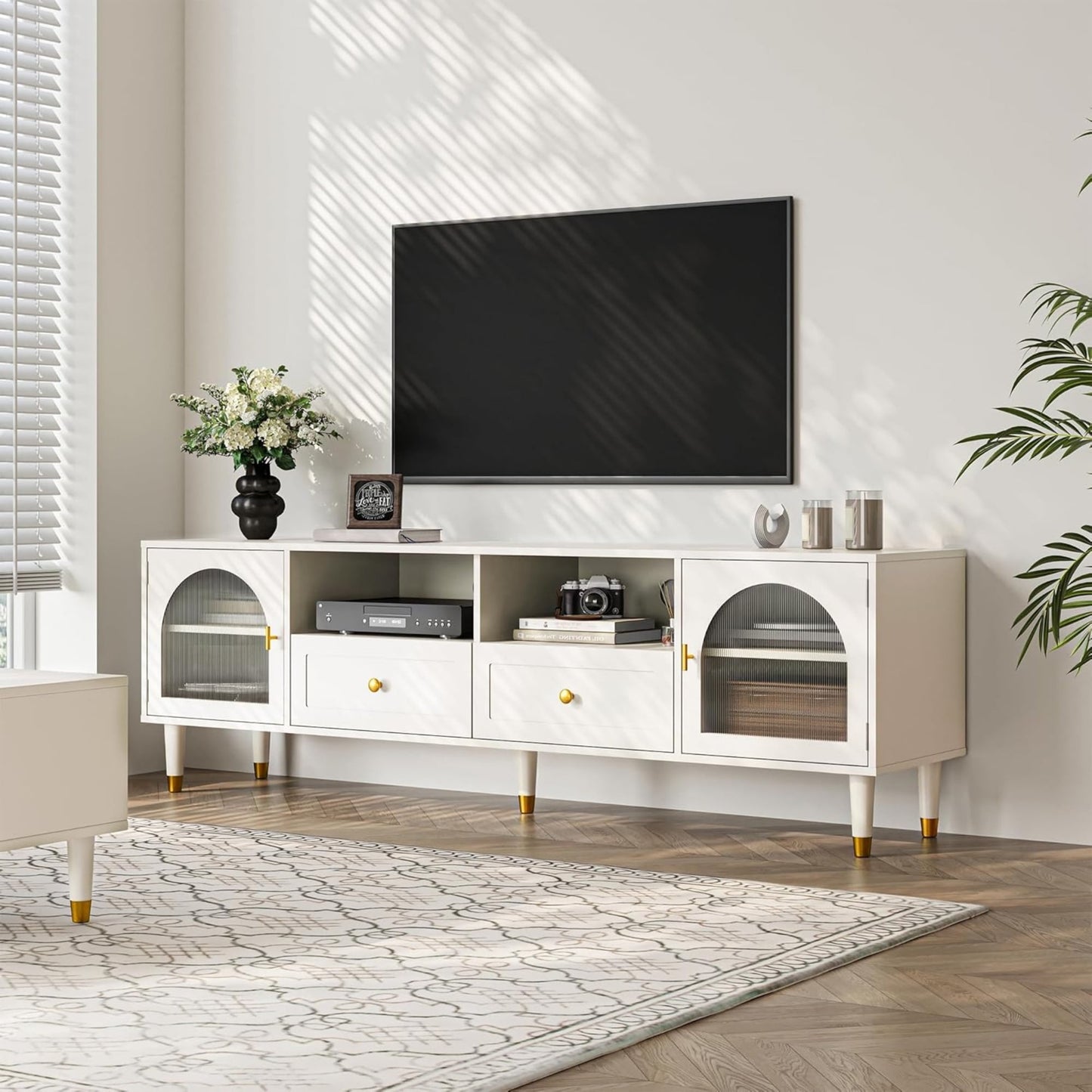 Superjoe Mid Century Modern TV Stand for 70 Inch TV, Entertainment Center with Acrylic Doors & Drawers, Wood TV Cabinet with Storage, TV Consoles for Living Room, Bedroom, White