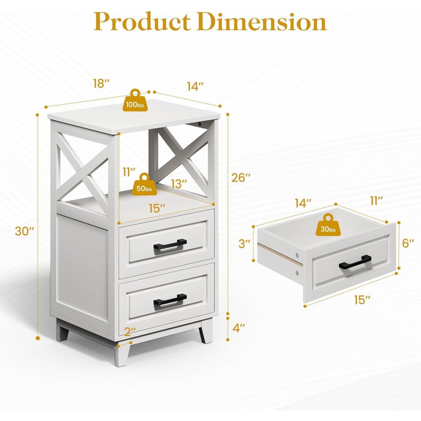 Superjoe Tall Nightstand Set of 1, Side Table with 2 Drawers and Open Shelf Top, Bedside Table with Solid Feet, Modern Night Stand End Table for Bedroom, Living Room, Home Office, White