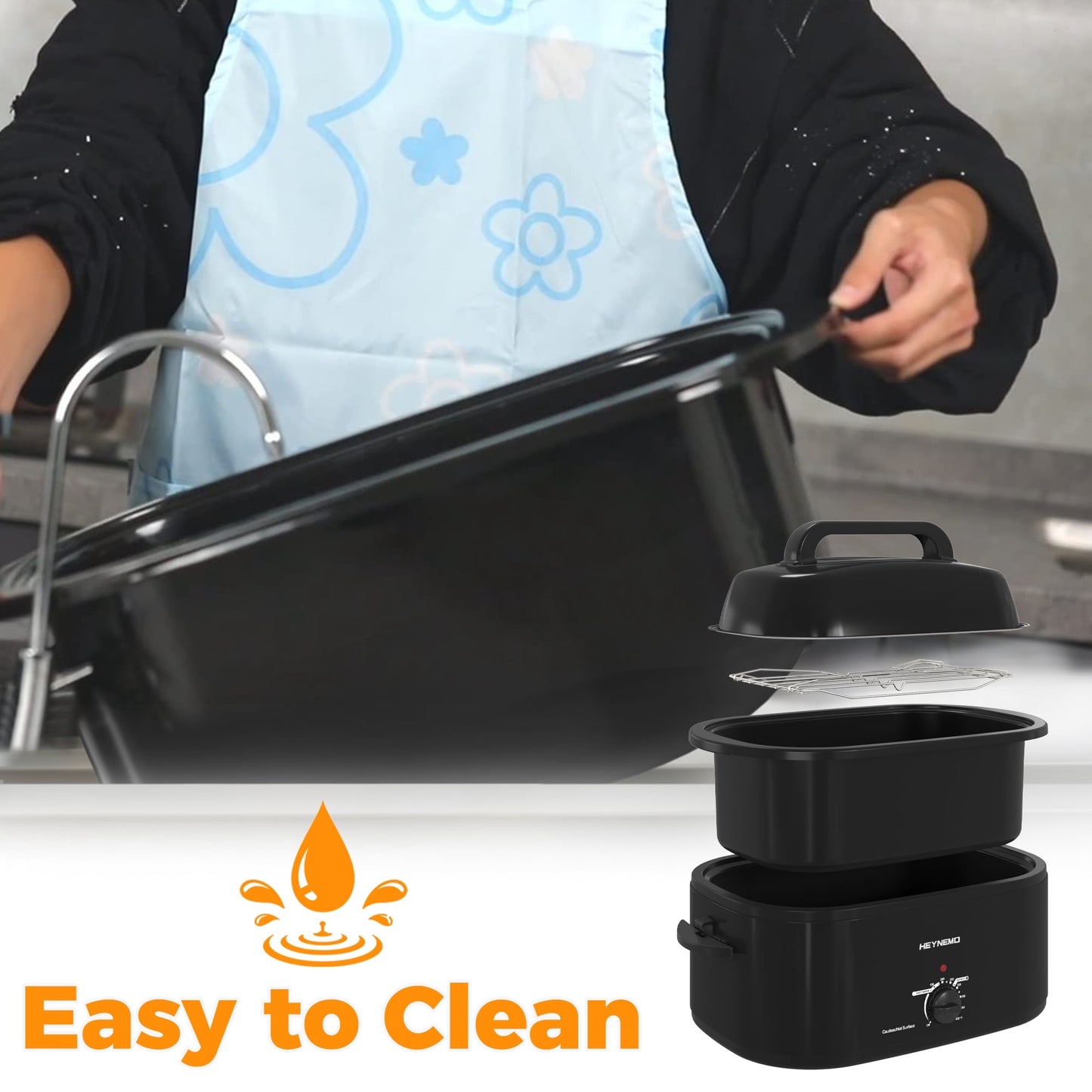 CozyHome 24 QT Electric Stainless Steel Turkey Roaster Oven, Self-Basting Lid Removable Insert Pot Perfect for Gathering and Dining, Black