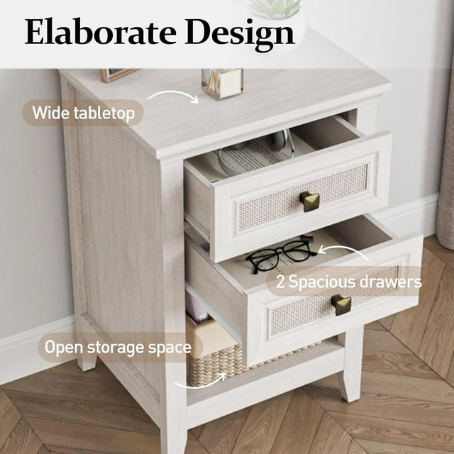 Royalcraft Farmhouse Nightstand, Boho Bedside Table with 2 Rattan Decor Drawers, Accent End Table with Open Storage Shelf, Wood Bedside Unit for Bedroom, Living Room, Home Office, Grayish White
