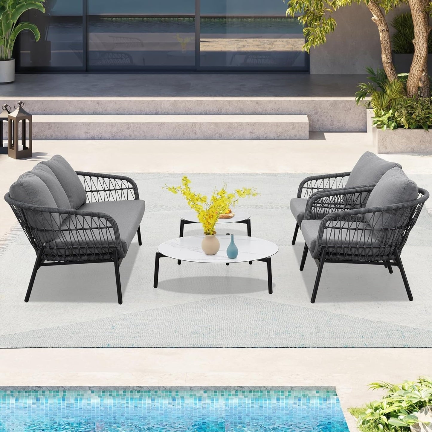 Superjoe 5 Piece Outdoor Patio Furniture Sets, All-Weather Outdoor Conversation Set with Aluminum Frame, Patio Couch Sofa with Nesting Coffee Table and Cushions for Backyard, Balcony, Grey