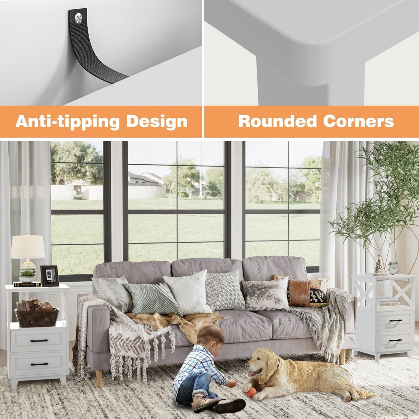 Superjoe Tall Nightstand Set of 1, Side Table with 2 Drawers and Open Shelf Top, Bedside Table with Solid Feet, Modern Night Stand End Table for Bedroom, Living Room, Home Office, White