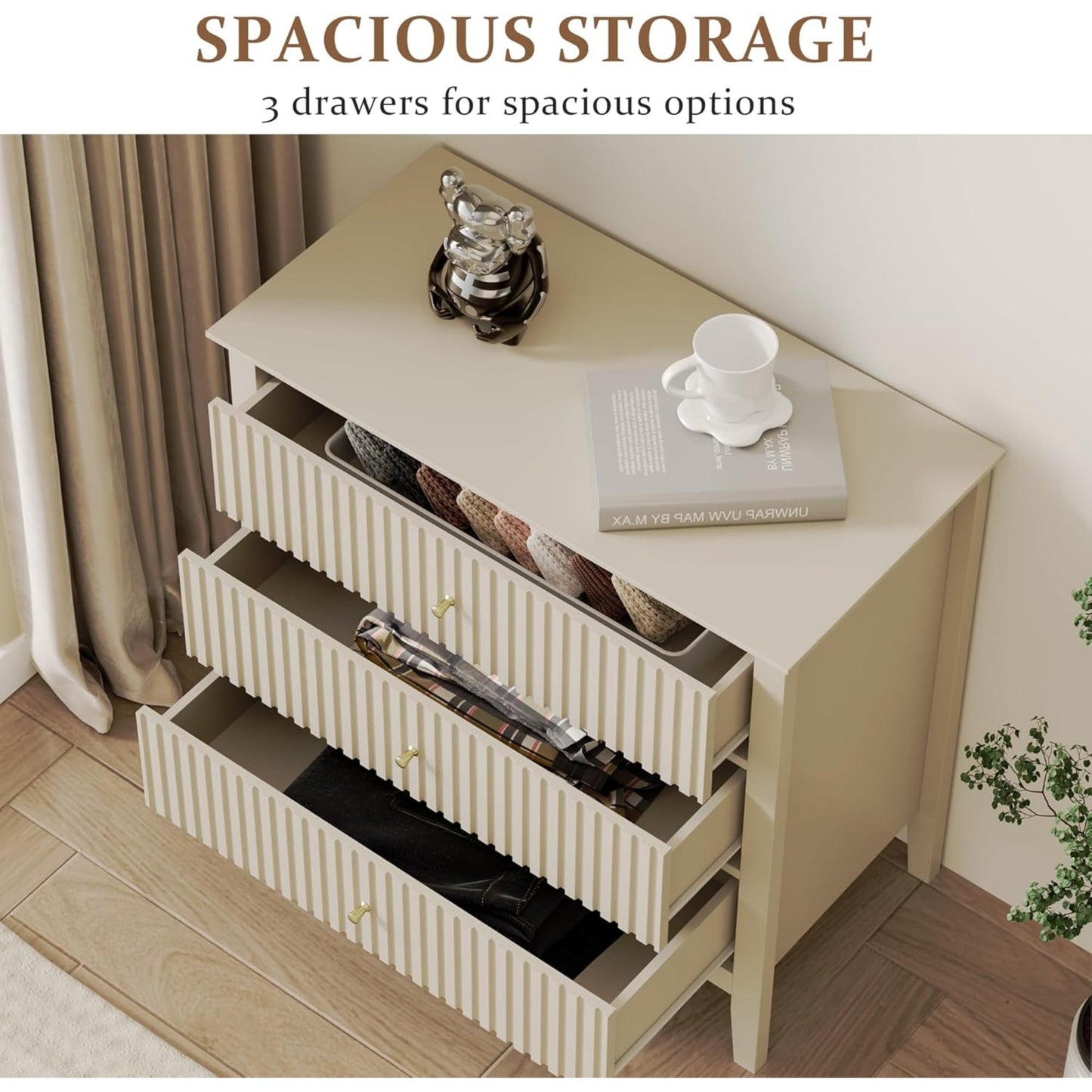 Superjoe Beige 3 Drawer Dresser, Painted 30 Inch Tall Wood Nightstand with Storage, Wide Modern Chest of Drawers with Ball Bearing Slide for Bedroom Hallway Living Room Entryway Office