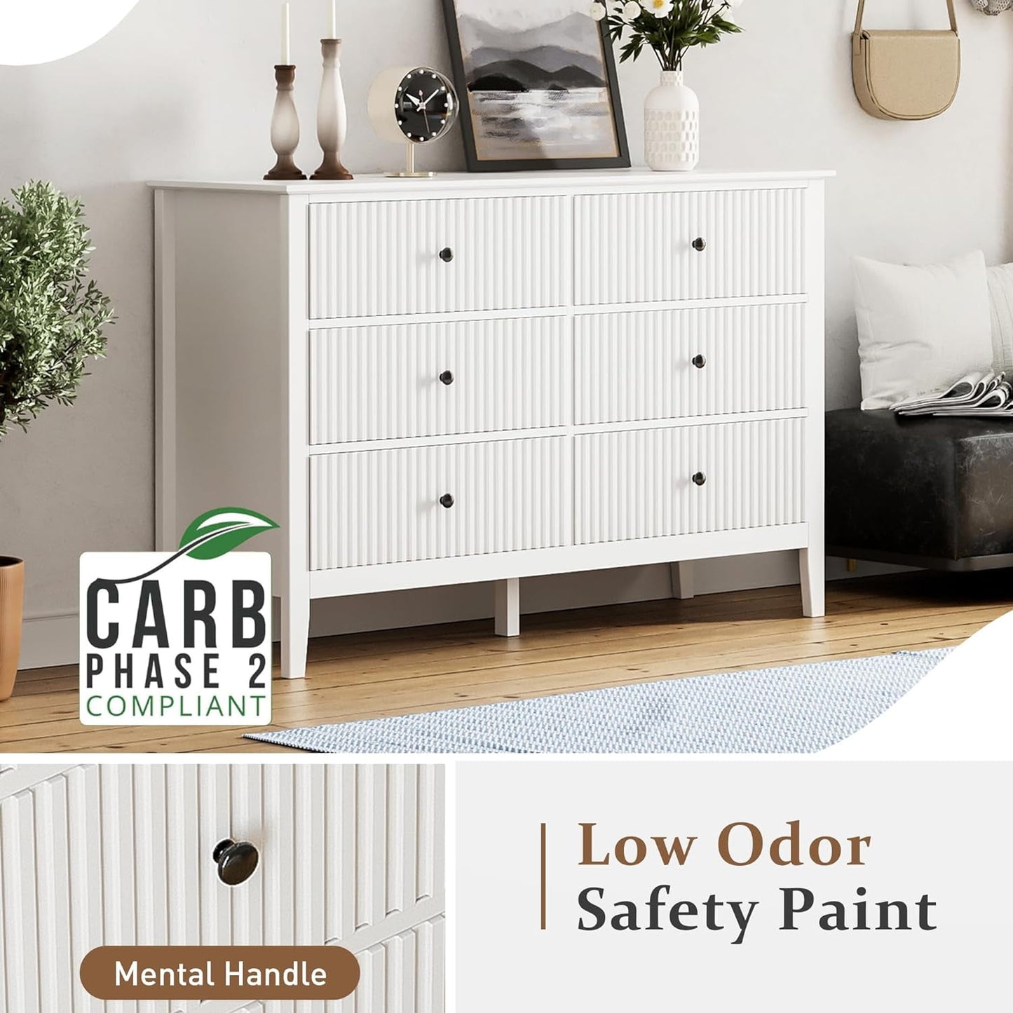 CozyHome 6 Drawers White Dresser Cabinet with Silent Slide Drawers, 47" Wide Chest of Drawers Wooden Storage Closet Organizer for Nursery, Living Room, Hallway, White