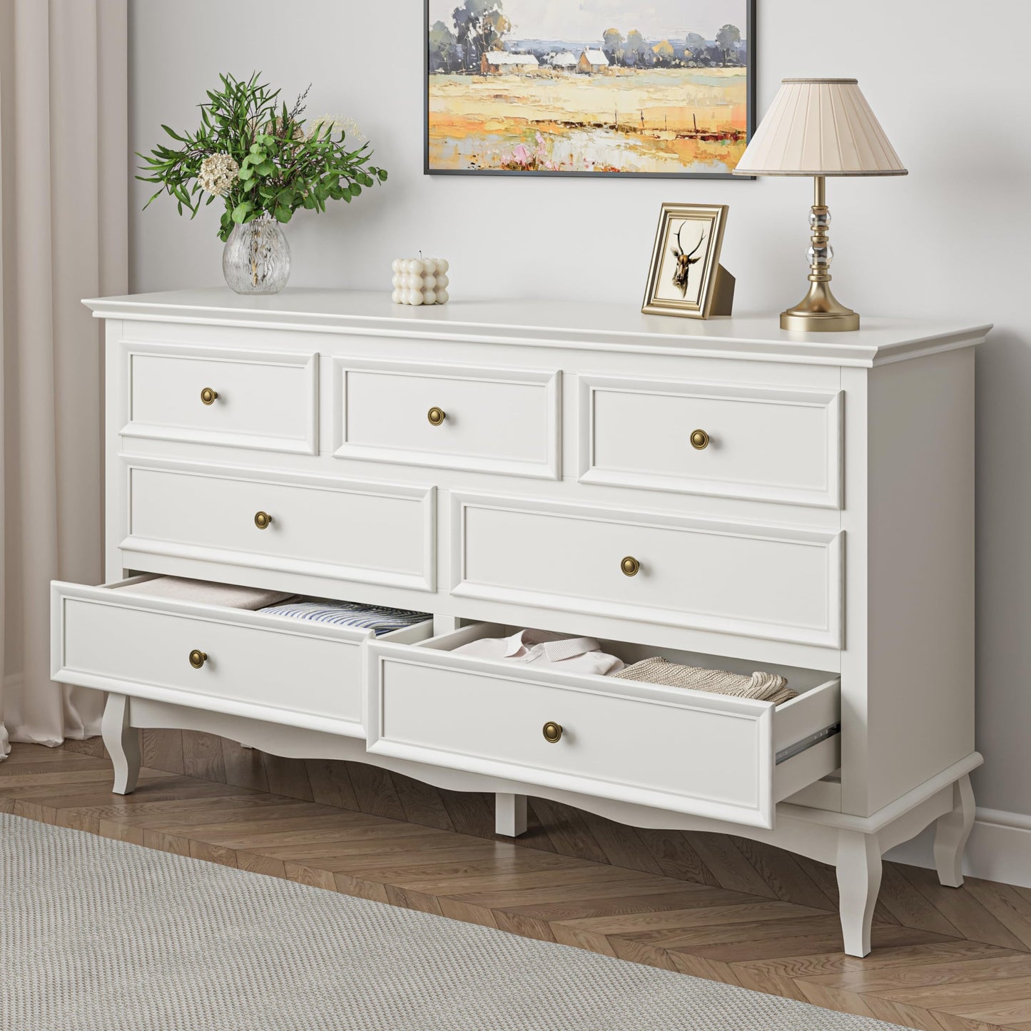 White 7 Drawer Dresser with Ball Bearing Slide, Sturdy Frame Modern Wood Dresser Wide Nightstand Cabinet for Bedroom, Living Room, Hallway, Entryway