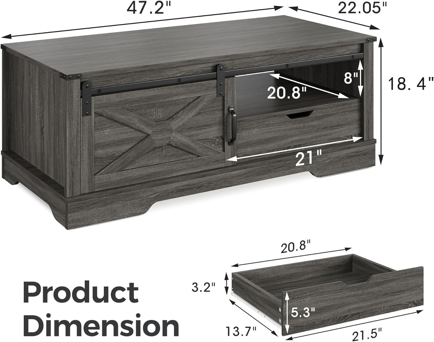Farmhouse Coffee Table with Storage and Sliding Barn Door, 48'' Rustic Living Room Table , Rectangular Center Table