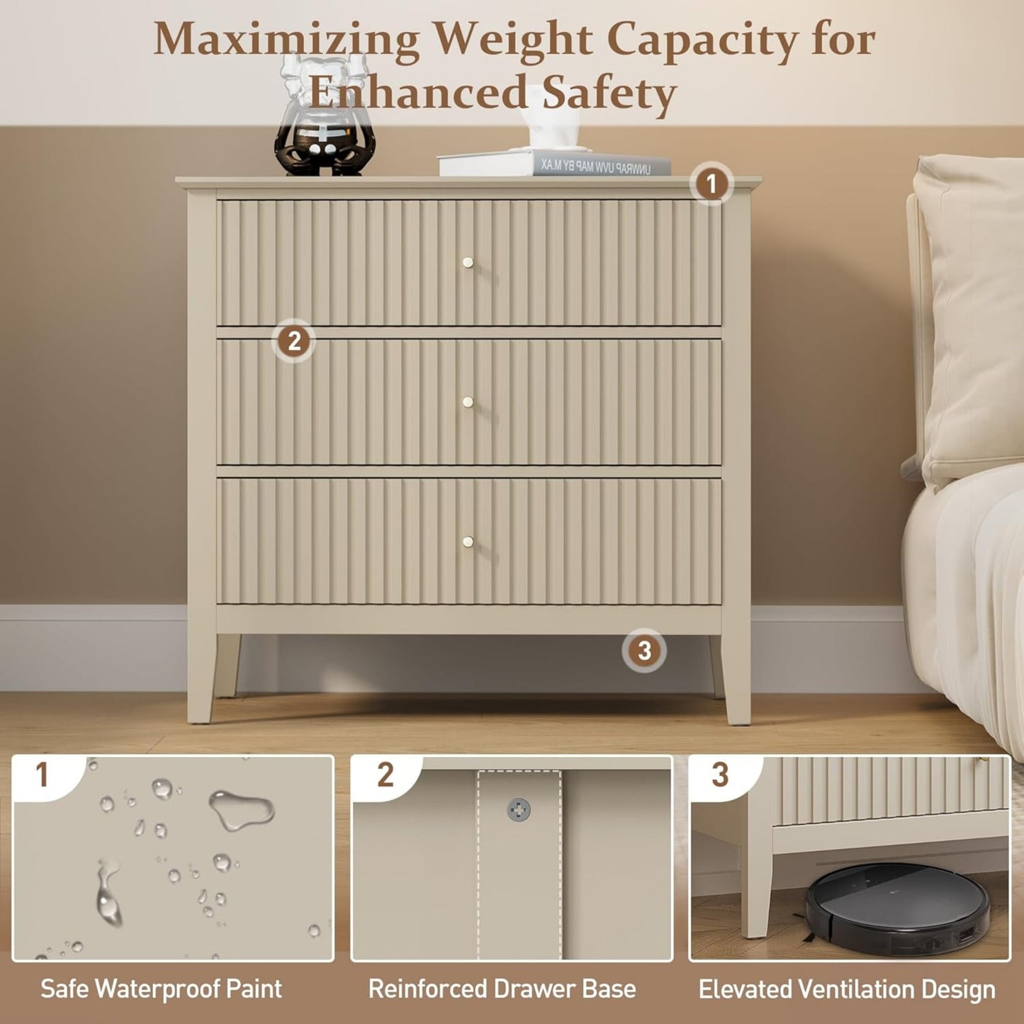 Superjoe Beige 3 Drawer Dresser, Painted 30 Inch Tall Wood Nightstand with Storage, Wide Modern Chest of Drawers with Ball Bearing Slide for Bedroom Hallway Living Room Entryway Office