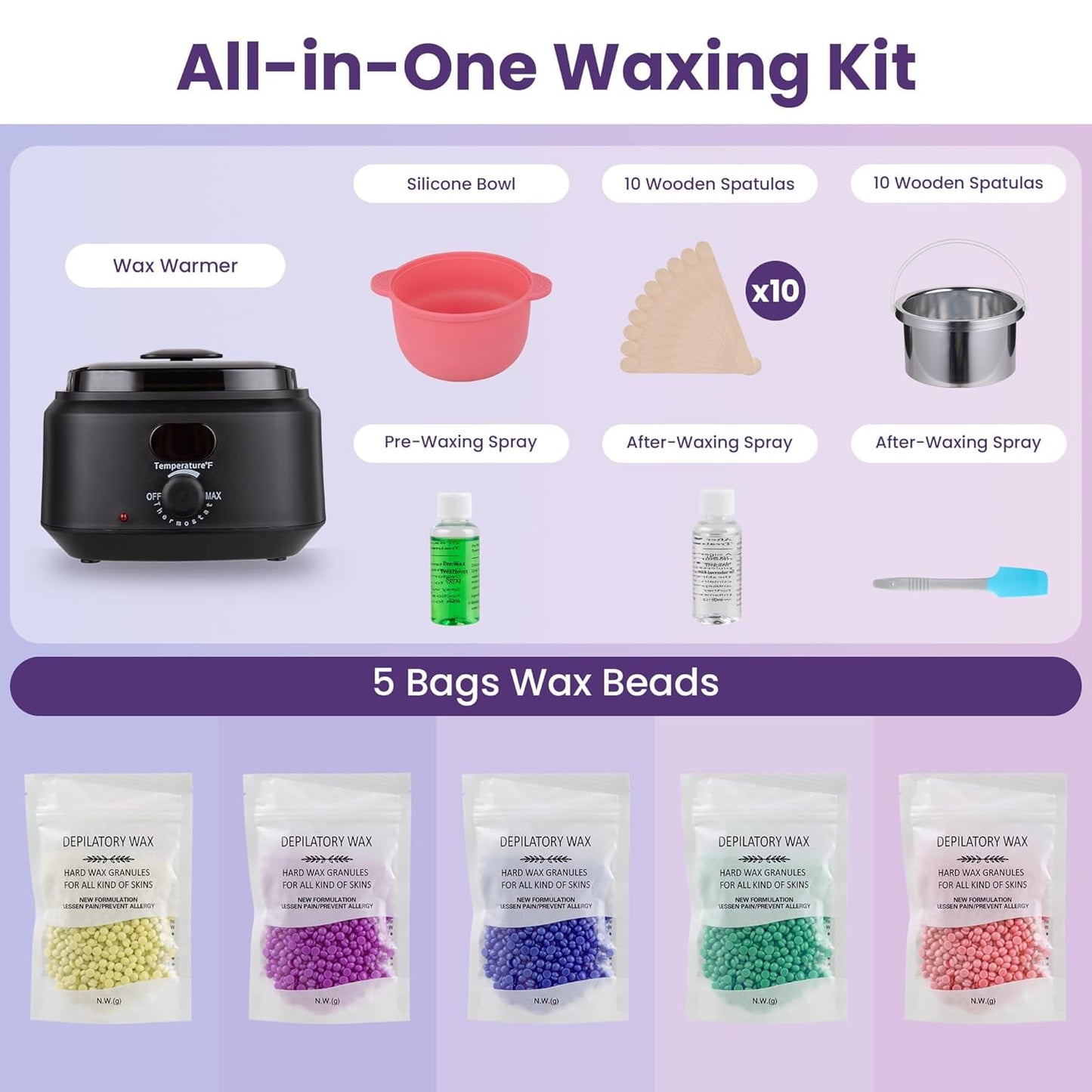 Superjoe Waxing Kit, Brazilian Wax Warmer for Hair Removal with 5 Bag Hard Wax Beads, Digital Display Wax Melt Warmer Kit for Women Men Full Body, Legs, Face, Bikini,Sensitive skin, Black