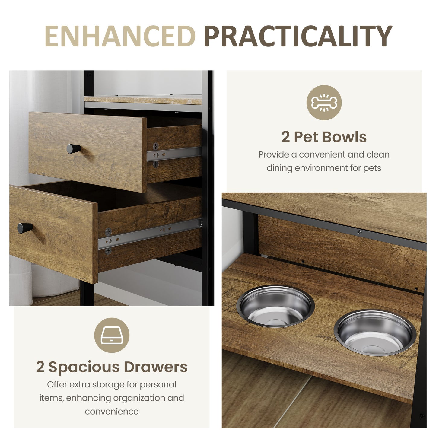 Dog Crate Furniture with Display Shelf, Decorative Dog Crate with Dog Bowl, Cat Litter Box Furniture Industrial Bookshelf, Furniture Style Dog Crate for Medium Dog, Brown